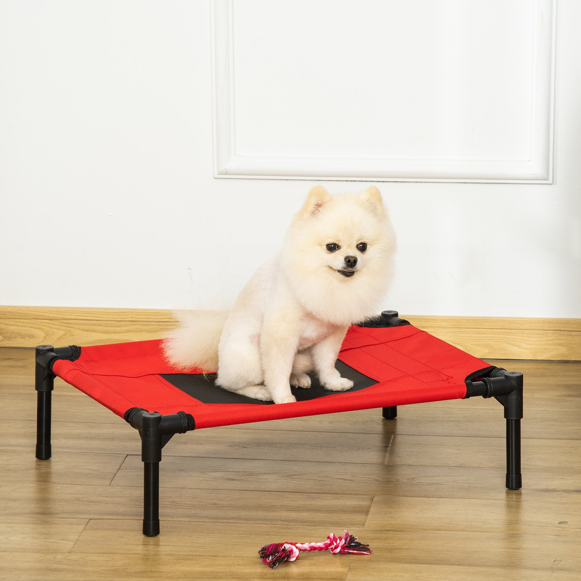 PawHut Elevated Pet Bed Portable Camping Raised Dog Bed w/ Metal Frame Black and Red (Small)