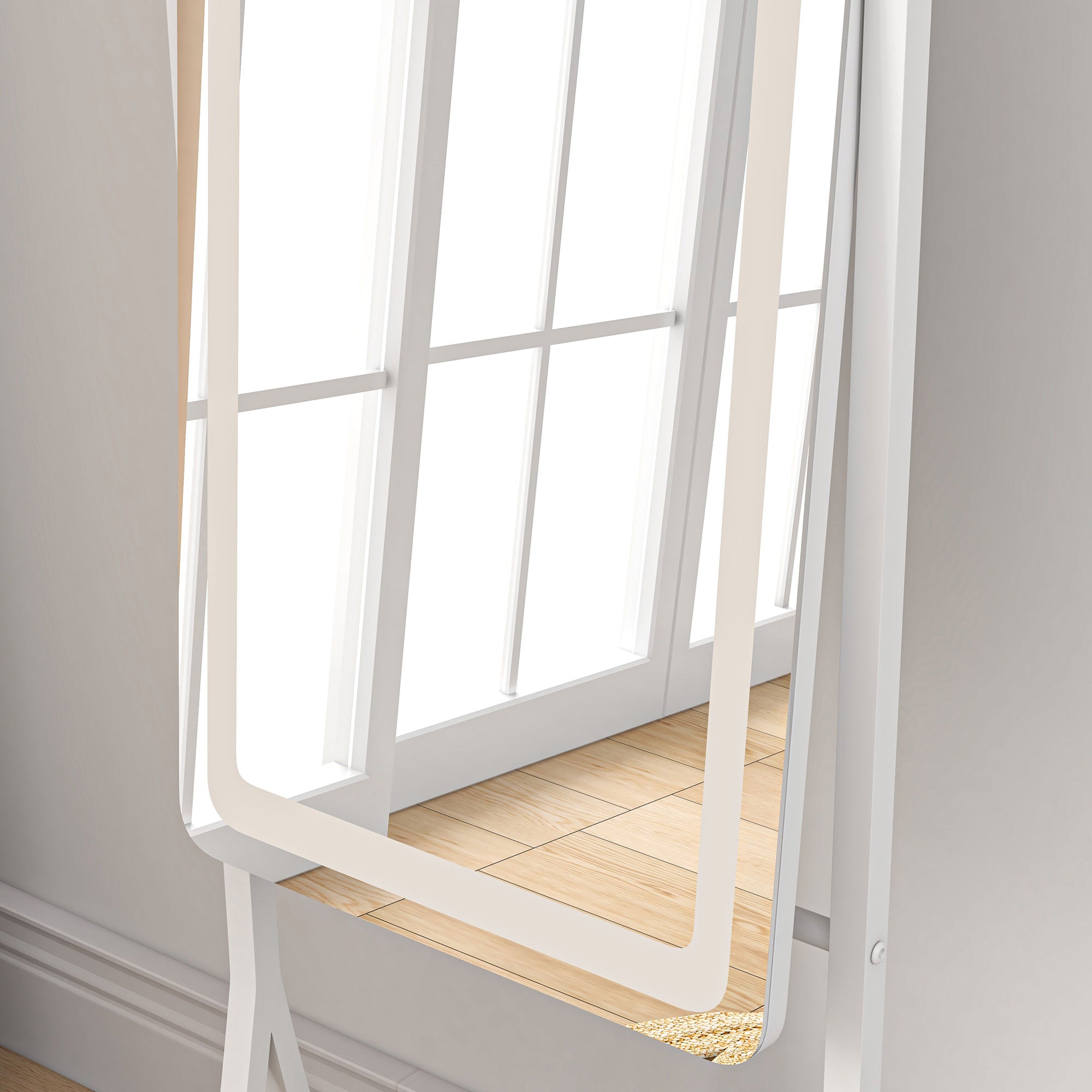 HOMCOM Free Standing Dressing Mirror with LED Lights, Full Length Mirror with 3 Temperature Colours and Storage Shelf - North Peak Garden Furniture