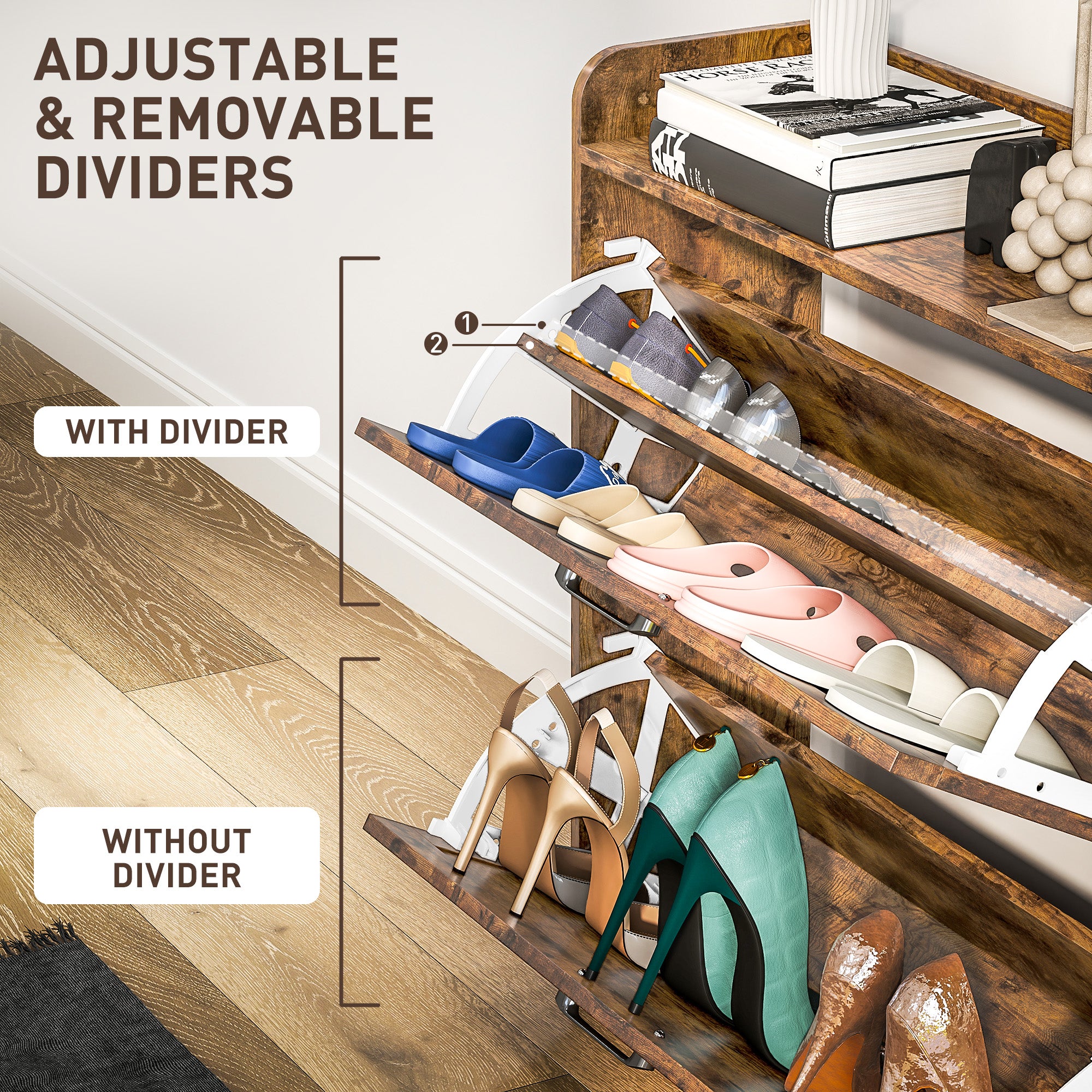 HOMCOM Two Flip Drawer Narrow Shoe Cabinet with Adjustable Shelves - Rustic Brown - North Peak Garden Furniture