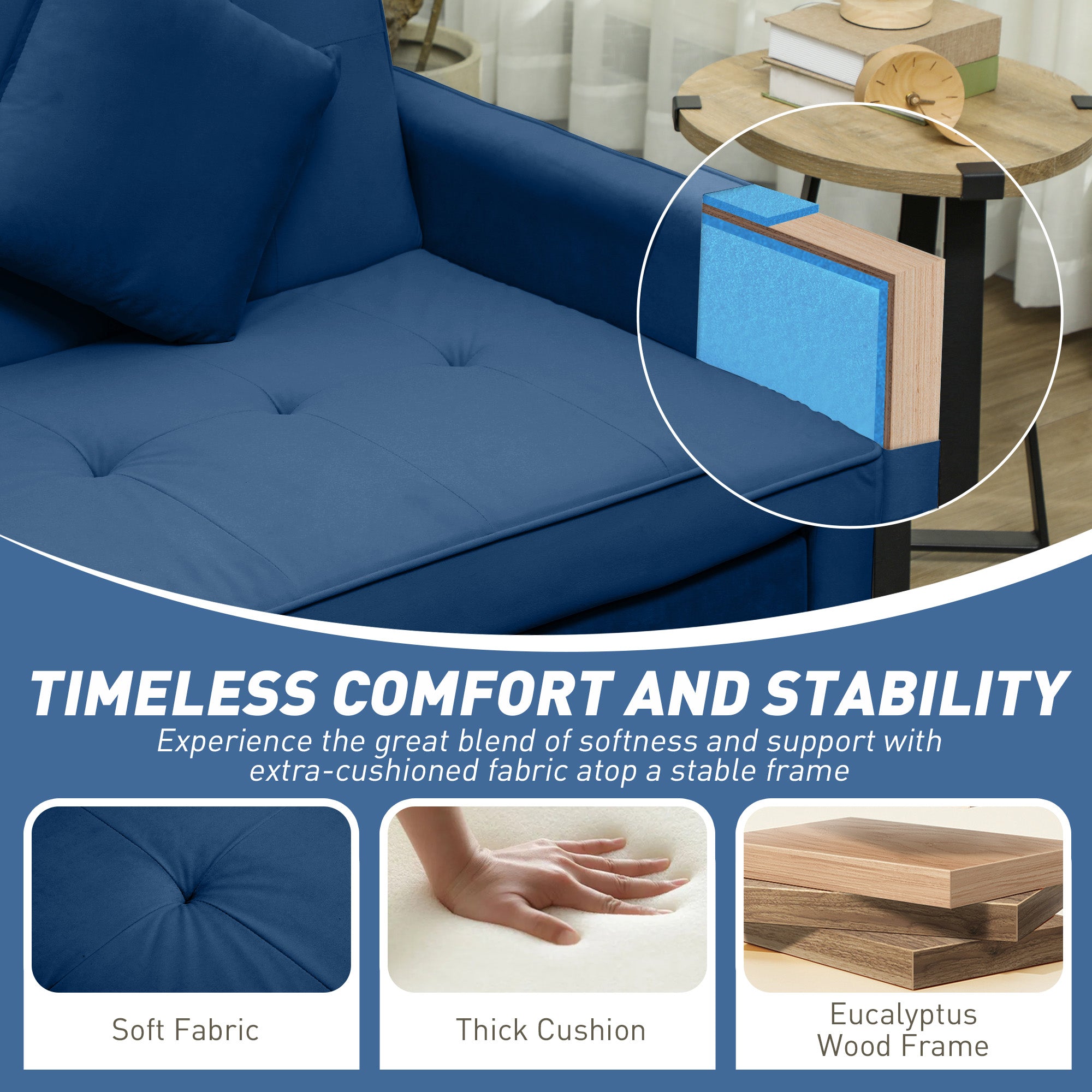 HOMCOM Three-Person Velvet-Feel Sofa Bed - Blue - North Peak Garden Furniture