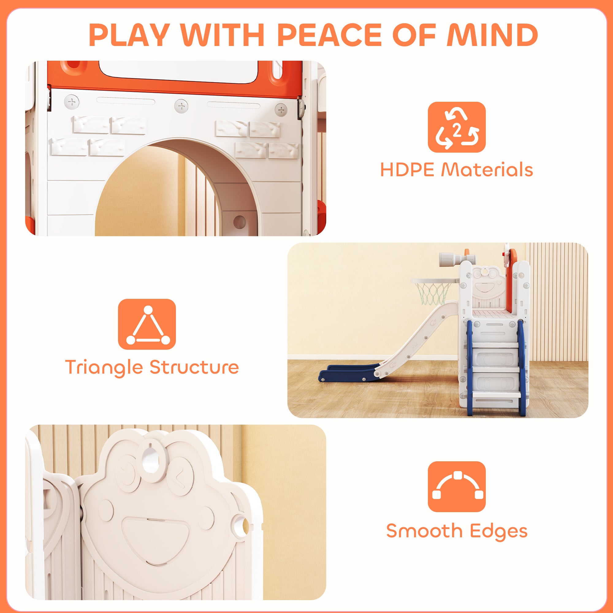 AIYAPLAY 7 in 1 Toddler Slide Set with Basketball Hoop, Climbing Frame, Telescope, Drawing Board, Storage Box, Orange