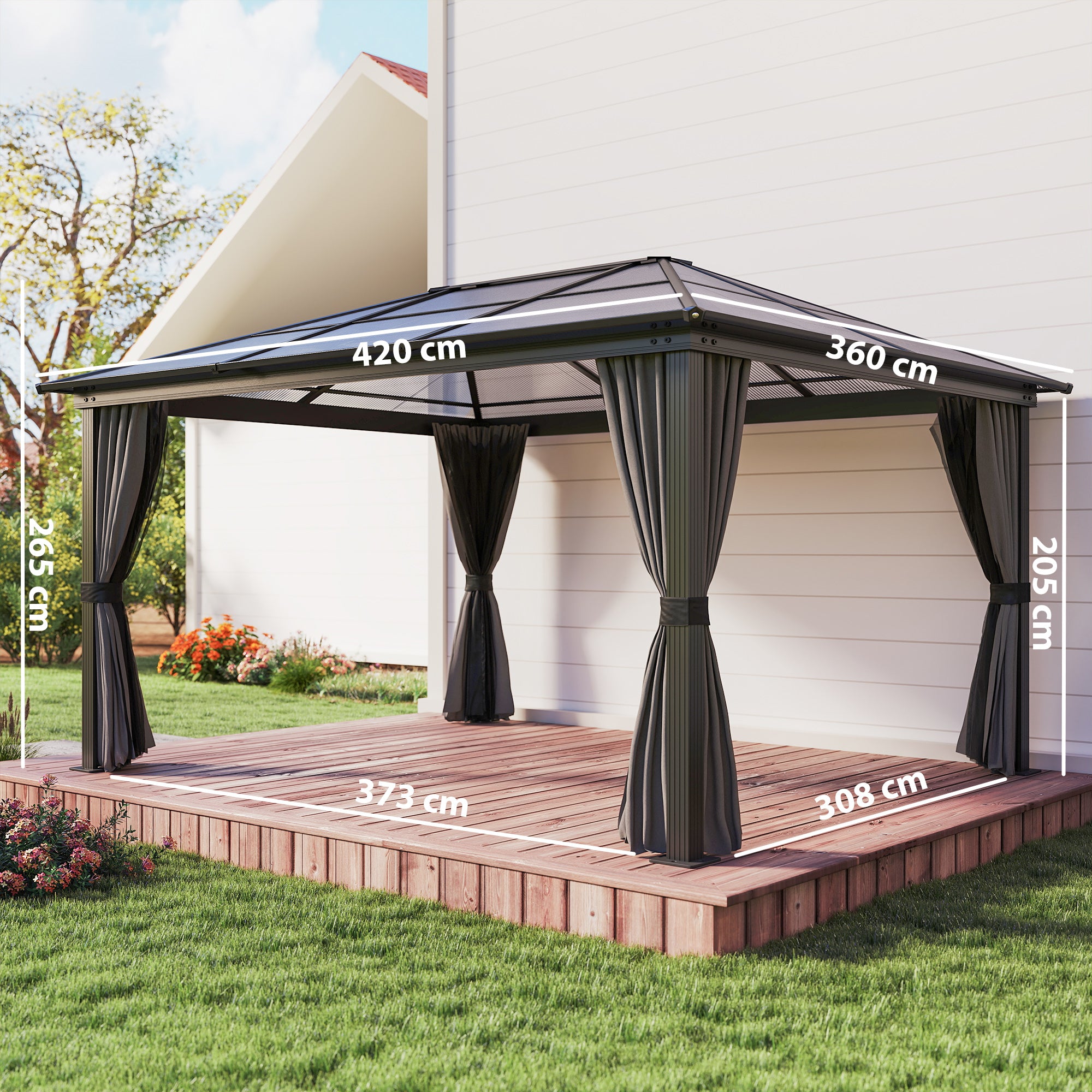 Outsunny 3.6 x 4m Hardtop Gazebo Canopy with Polycarbonate Roof, Aluminium Frame, Permanent Pavilion Garden Gazebo with Netting and Curtains for Patio, Deck, Dark Grey