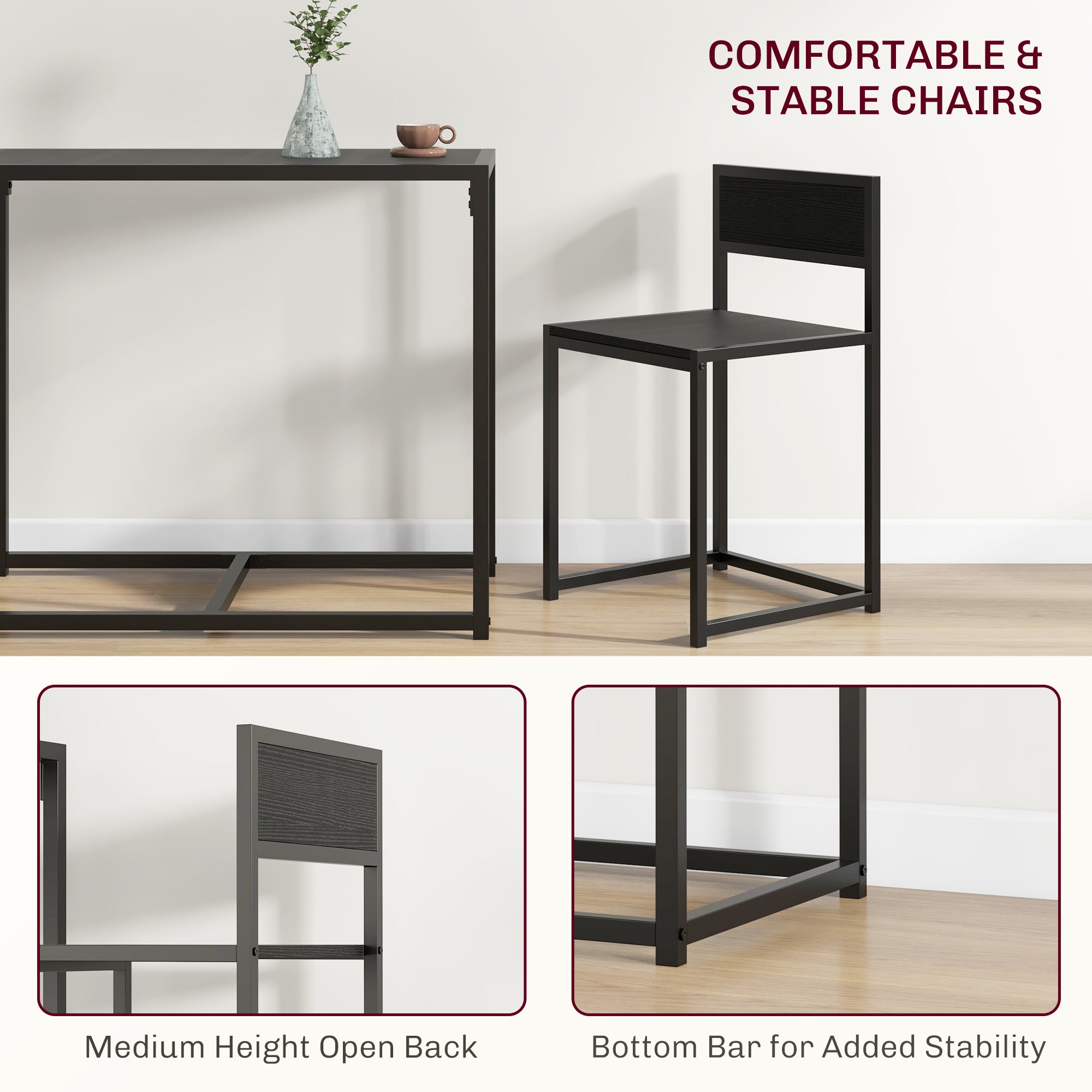 HOMCOM Dining Table and Chairs Set 2, Dining Room Sets, Rectangular Space Saving Table and 2 Chairs for Compact Kitchens, Steel Frame, Black - North Peak Garden Furniture
