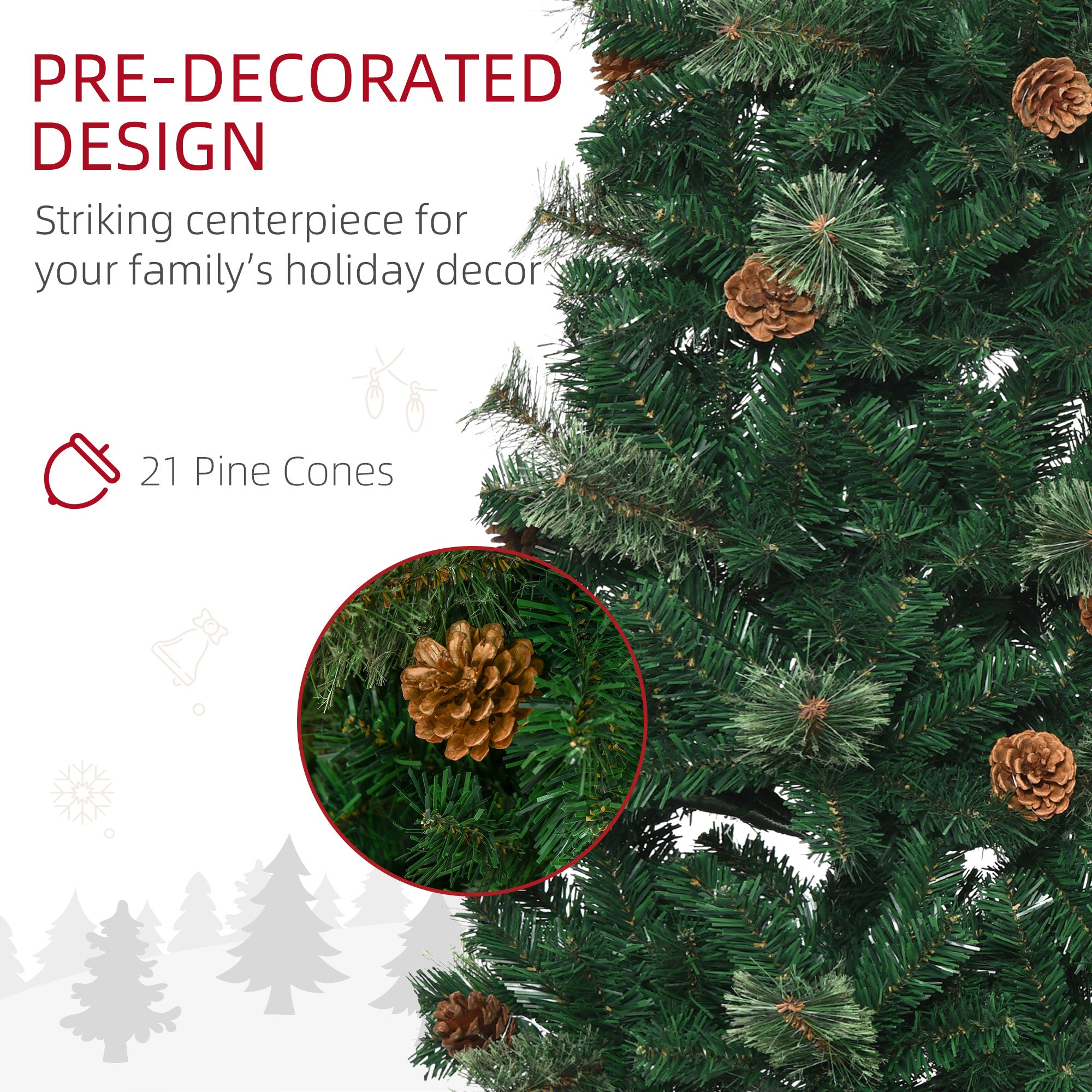 HOMCOM 5.5FT Tall Pencil Slim Artificial Christmas Tree with Realistic Branches, Tip Count and Pine Cones, Pine Needles Tree, Xmas Decoration, Green - North Peak Garden Furniture