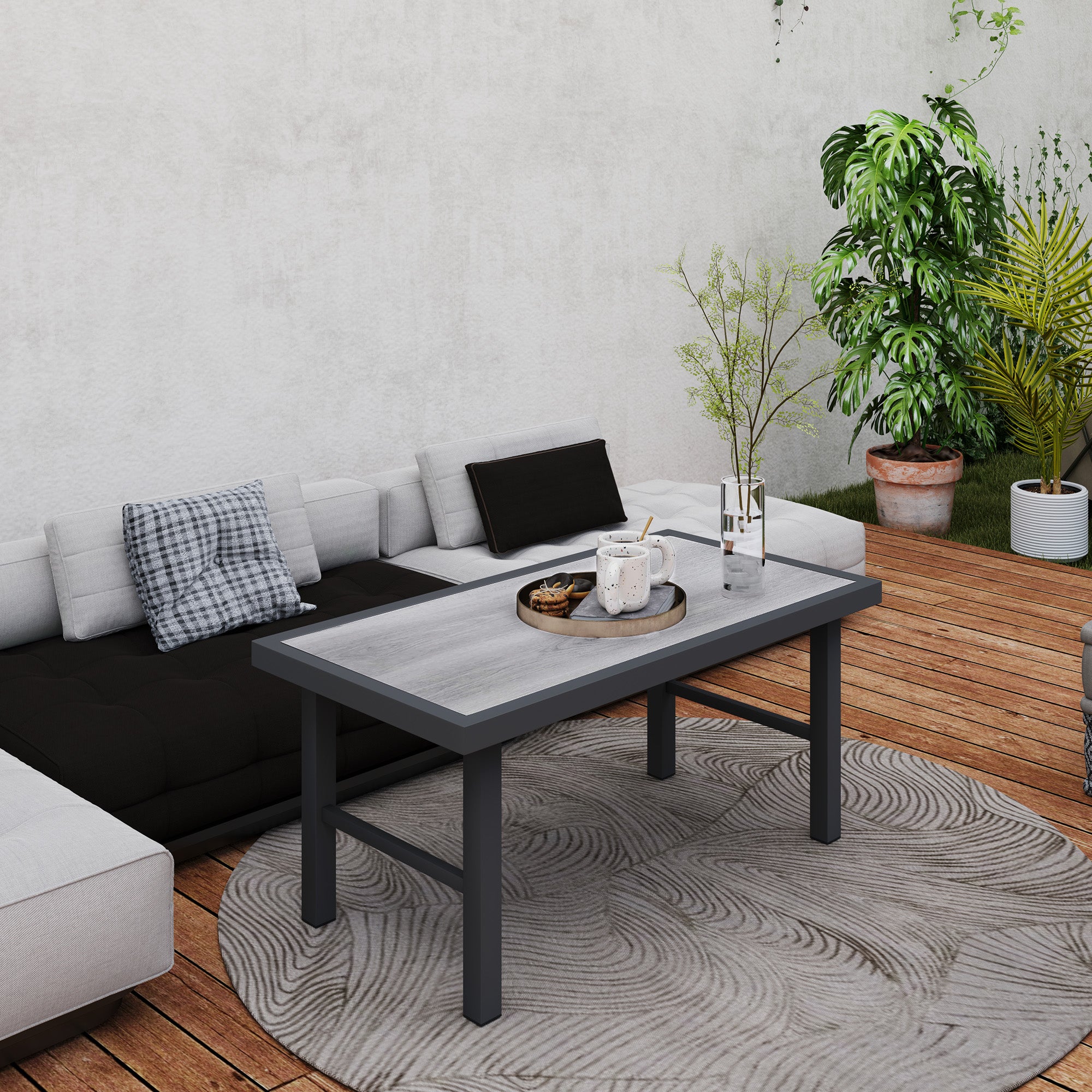 Outsunny Metal Garden Coffee Table, Outdoor Side Table with SPC Woodgrain Tabletop for Outside, Garden, Balcony, Porch, 100 x 53 x 46cm, Grey