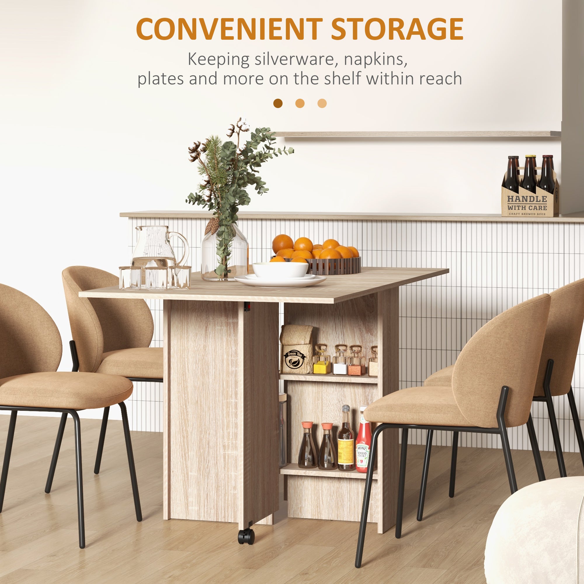 HOMCOM Folding Dining Table, Drop Leaf Table for Small Spaces with 2-tier Shelves, Small Kitchen Table with Rolling Casters, Natural - North Peak Garden Furniture