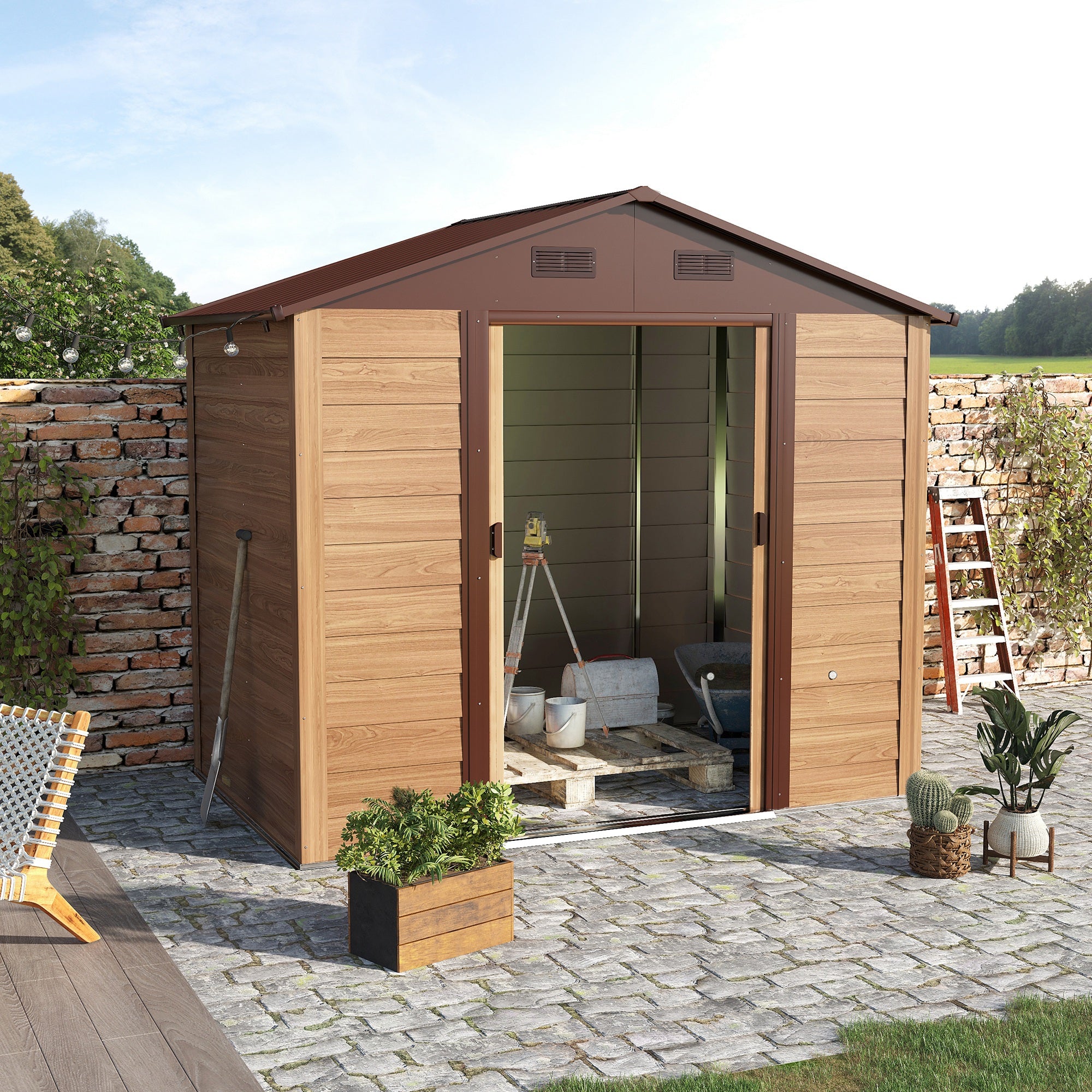 Outsunny 8 x 6ft Garden Metal Storage Shed House Hut Gardening Tool Storage with Kit and Ventilation, Brown - North Peak Garden Furniture