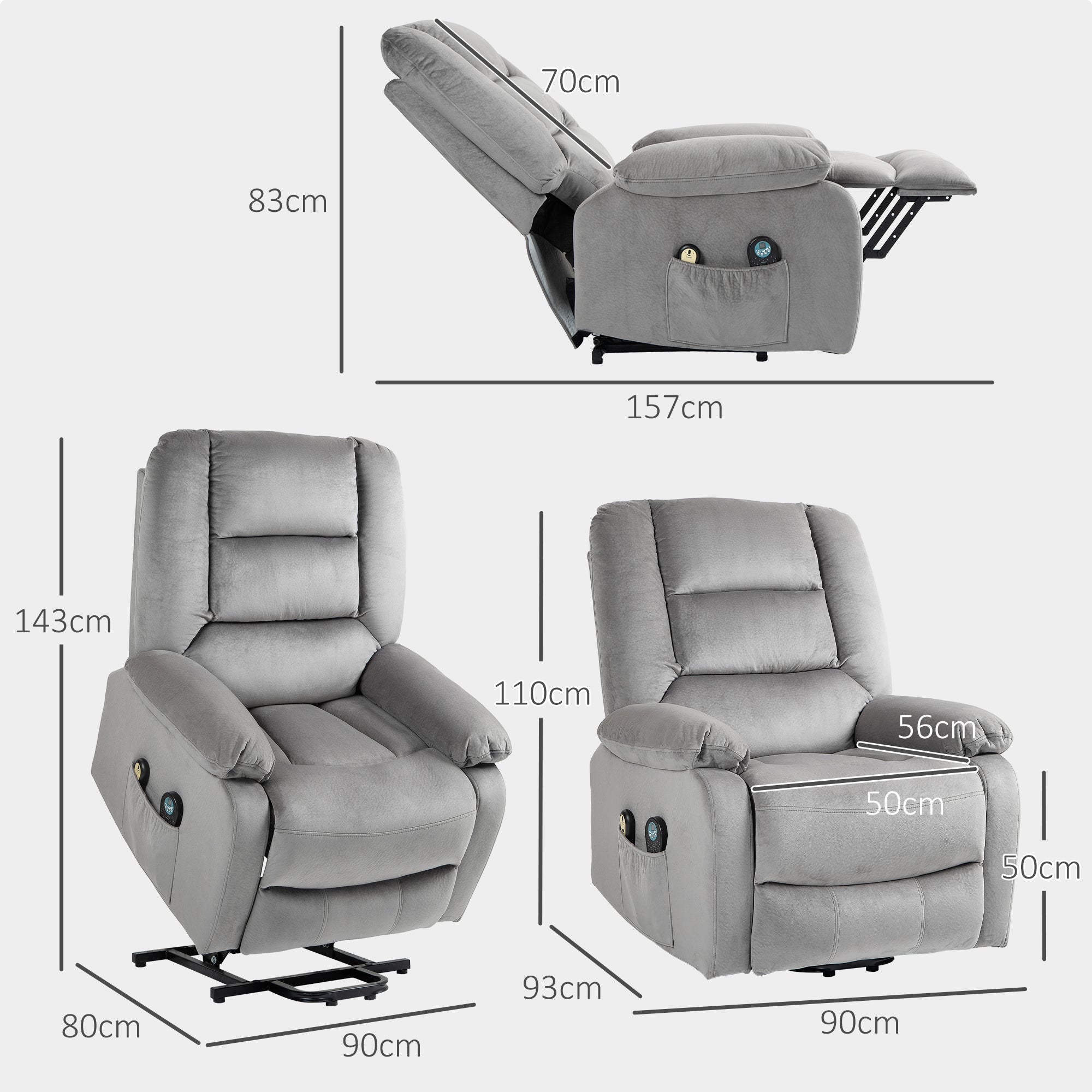 HOMCOM Velvet-Feel Electric Lift-and-Recline Massage Armchair, with Remote - Grey