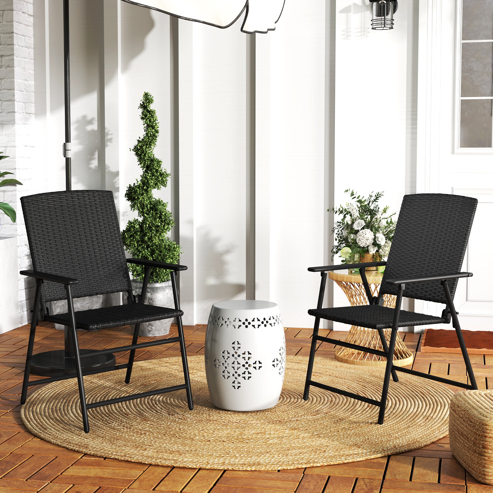 Outsunny Set of Two Folding Rattan Seat Chairs - Black - North Peak Garden Furniture