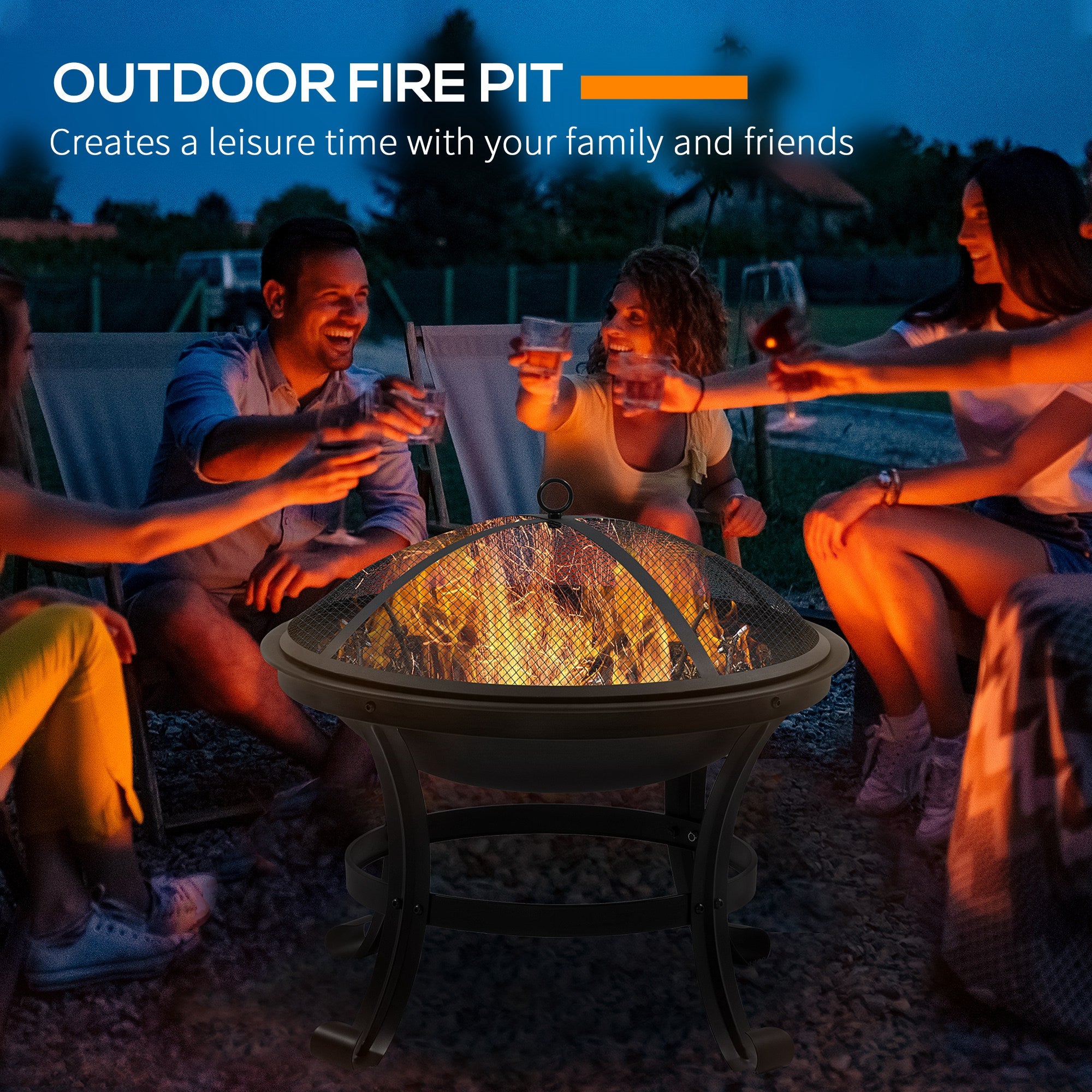 Outsunny Outdoor Fire Pit, Firepit with Mesh Lid, Poker, for Camping, Bonfire, Picnic, Black