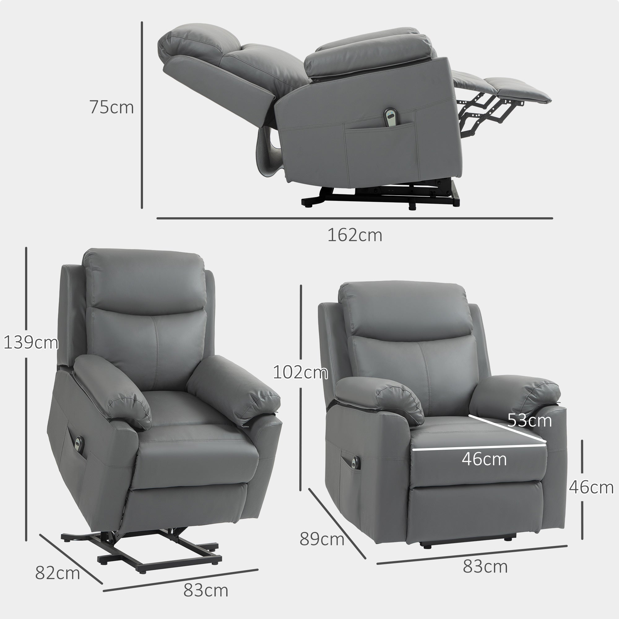 HOMCOM Faux Leather 70° Electric Riser Recliner Chair - Grey - North Peak Garden Furniture
