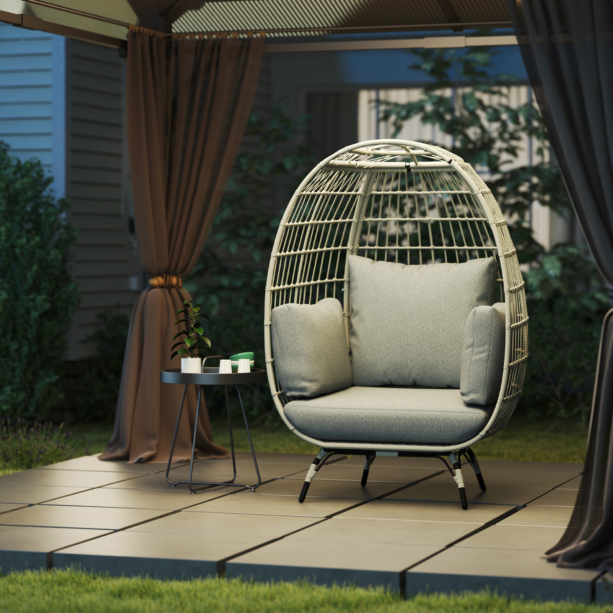 Outsunny Rattan Egg Chair with Cushions and Pillows, Charcoal Grey - North Peak Garden Furniture