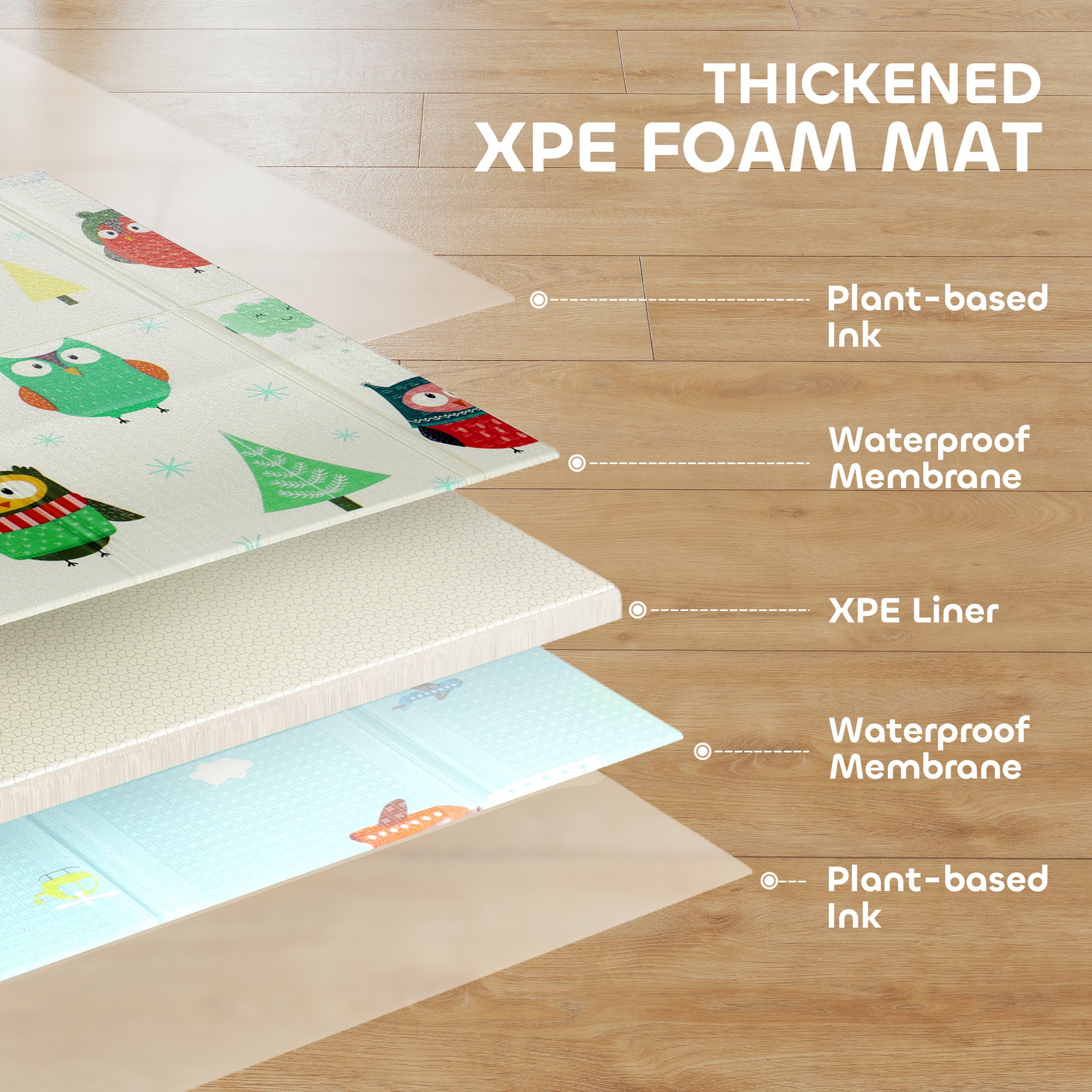 AIYAPLAY Foldable Baby Plat Mat Double Sided, Kids Floor Mat for Crawling, 195.5L x 147.5W cm, Car track and Owl Theme