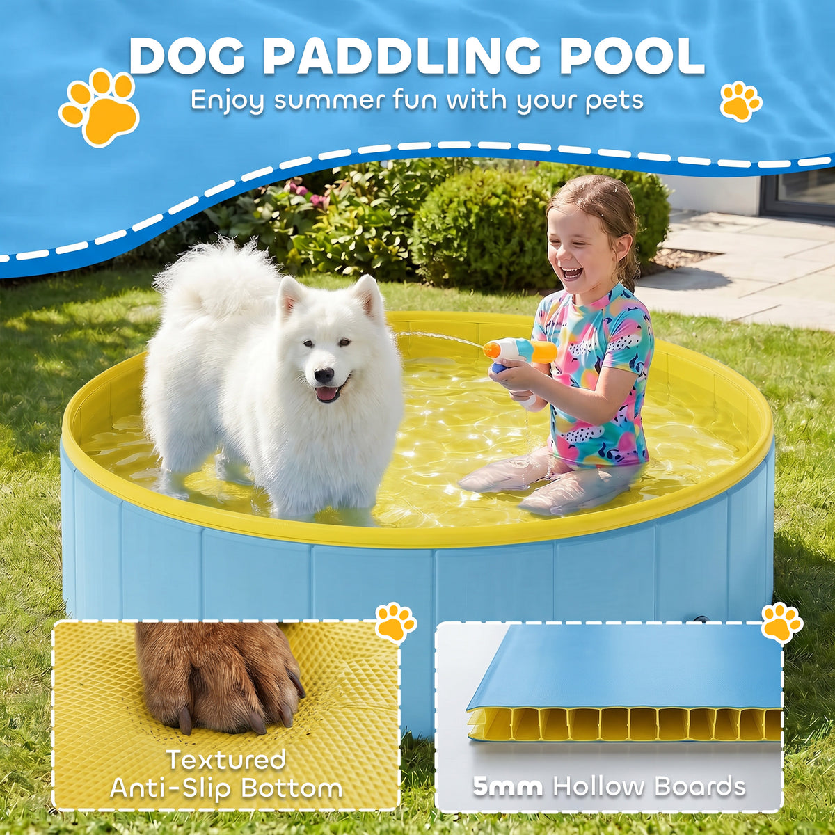 PawHut Foldable Dog Pool for Puppies and Ducks Dog Paddling Pool Bath Tub, Blue, 120 x 30cm