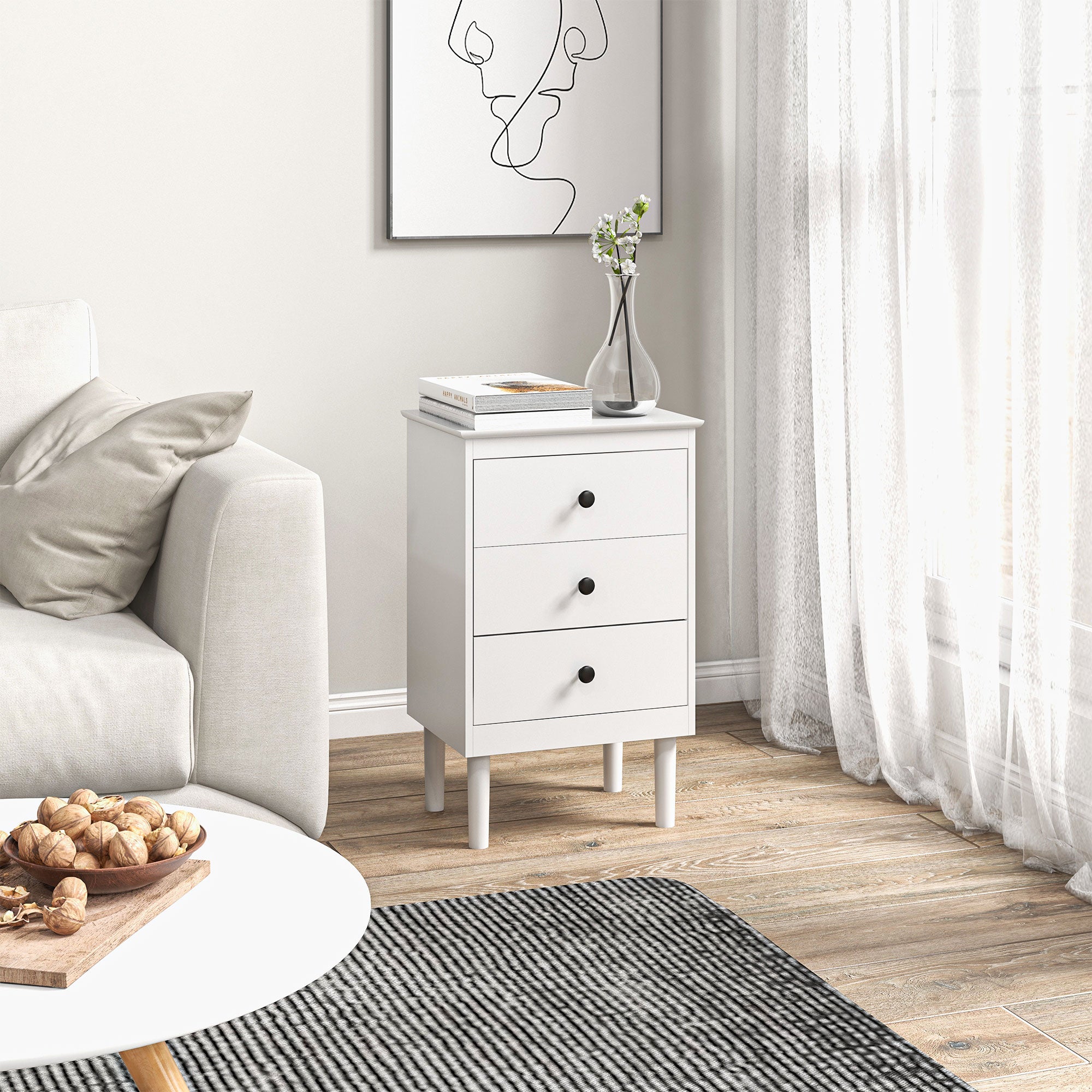 HOMCOM Set of Two Three-Drawer Modern Bedside Tables - White - North Peak Garden Furniture