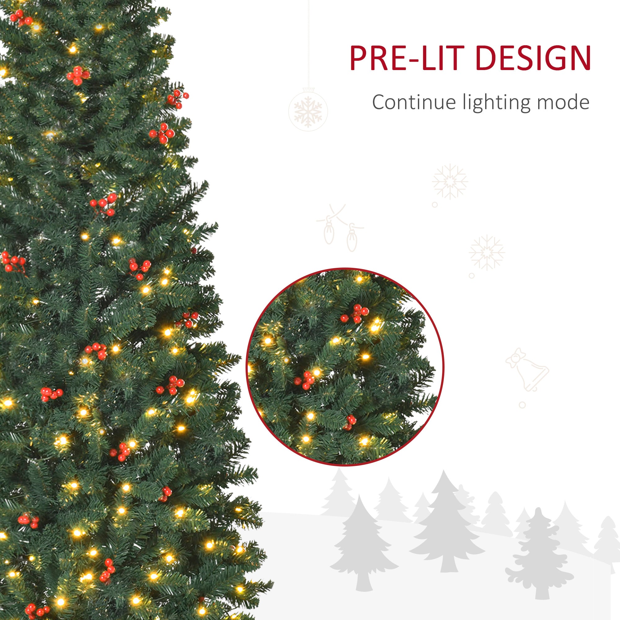 HOMCOM 6FT Prelit Artificial Pencil Christmas Tree with Warm White LED Light, Red Berry, Holiday Home Xmas Decoration, Green - North Peak Garden Furniture