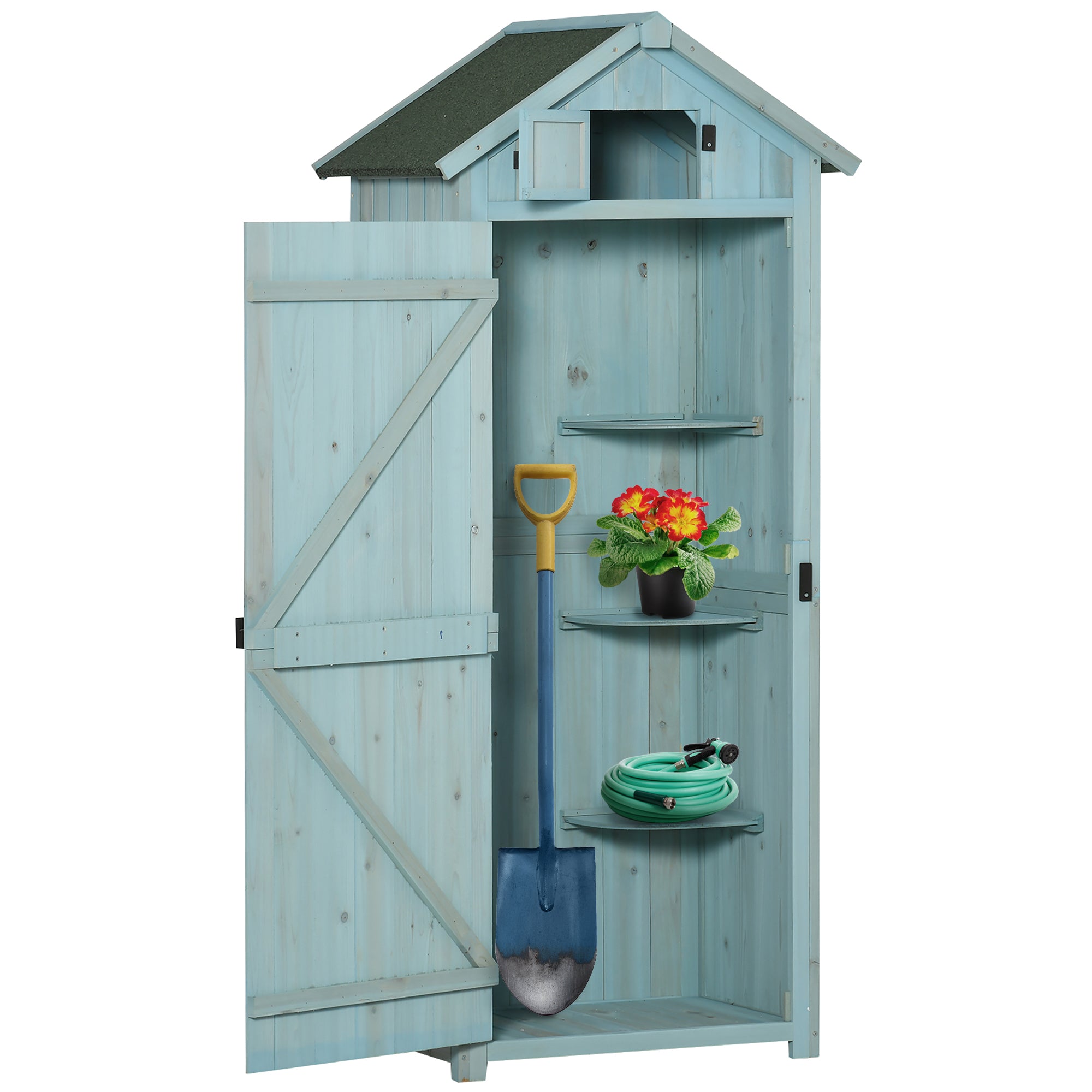 Outsunny Garden Shed Vertical Utility 3 Shelves Shed Wood Outdoor Garden Tool Storage Unit Storage Cabinet, 77 x 54.2 x 179cm - Blue - North Peak Garden Furniture