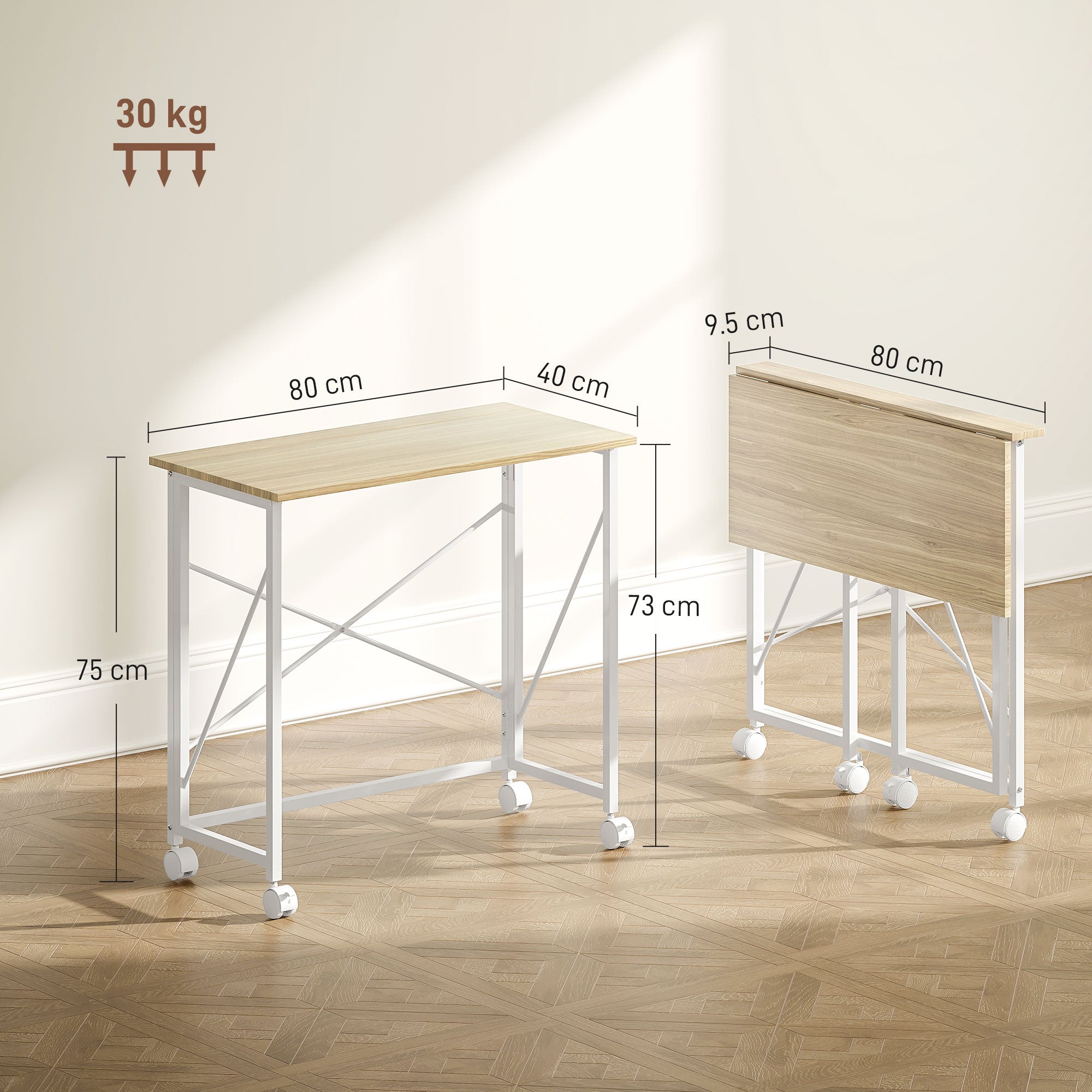 HOMCOM 80 cm Folding Desk on Wheels - Natural Tone - North Peak Garden Furniture