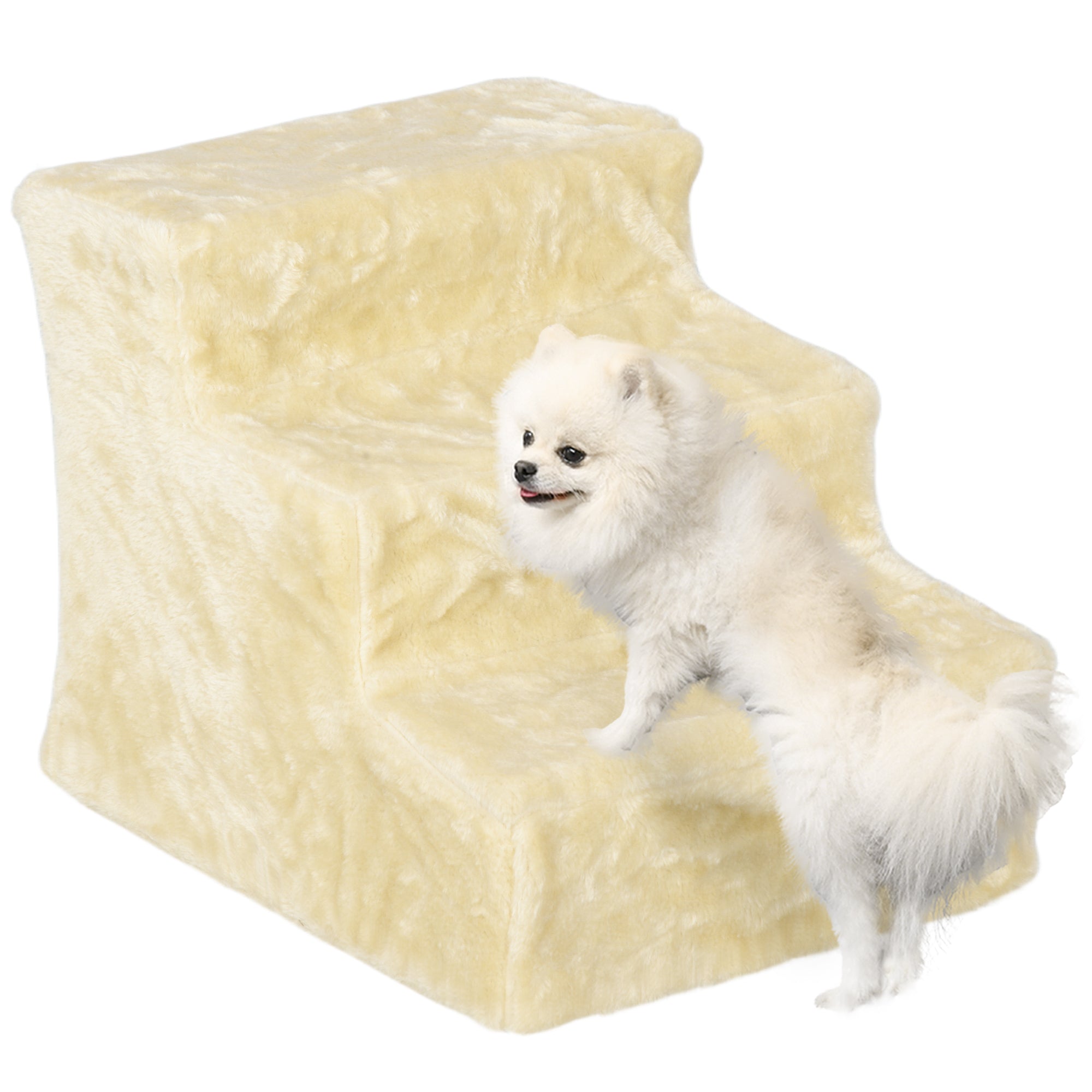 PawHut Three-Step Dog Stairs, with Washable Plush Cover, for High Bed Sofa, Dog Stairs for Small Dog and Cat - Beige - North Peak Garden Furniture