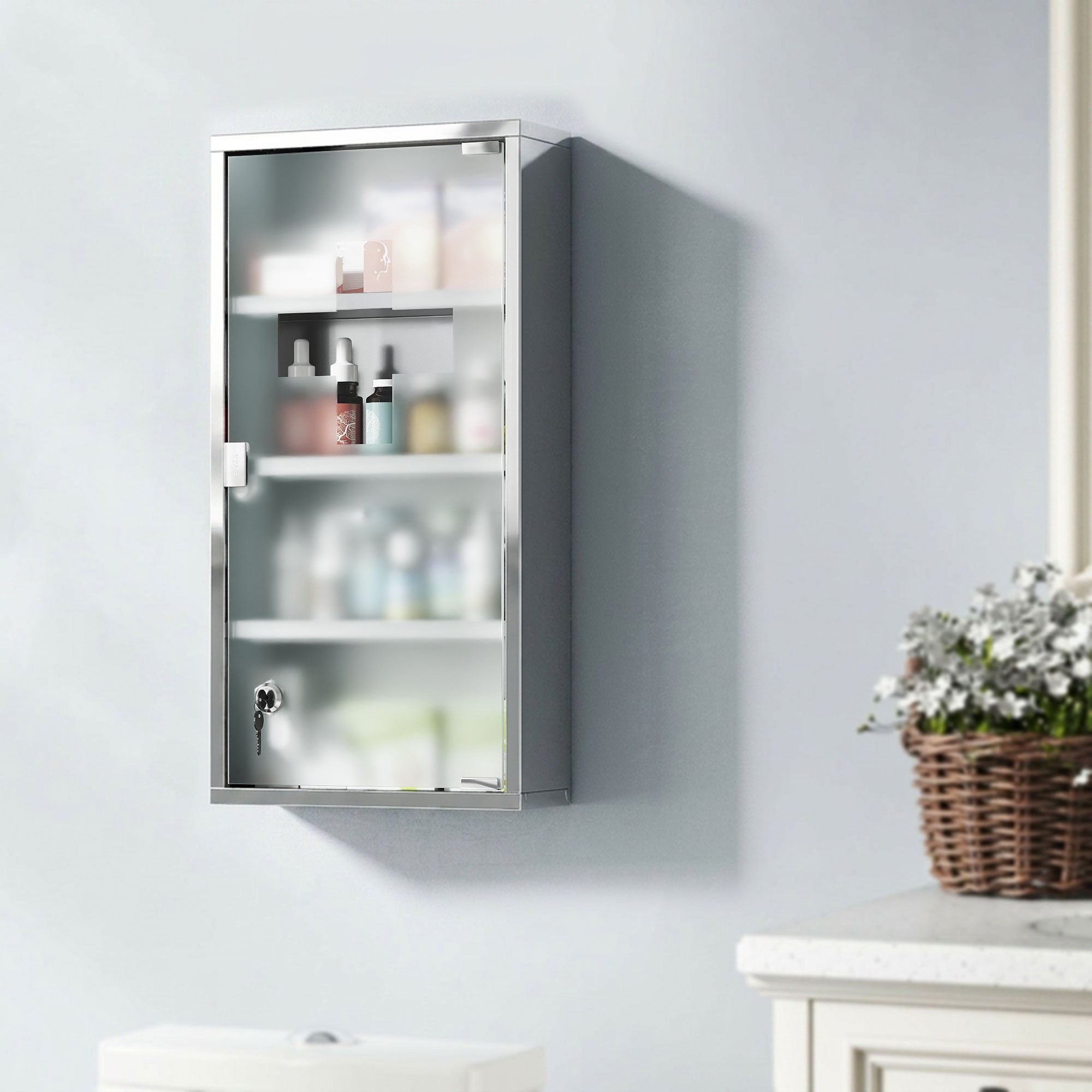 HOMCOM 4 Tier Stainless Steel Wall Mounted Medicine Cabinet Glass Lockable Door Storage Shelves Houseware Bathroom Furniture 60Hx30Wx12D(cm) w/2 Keys