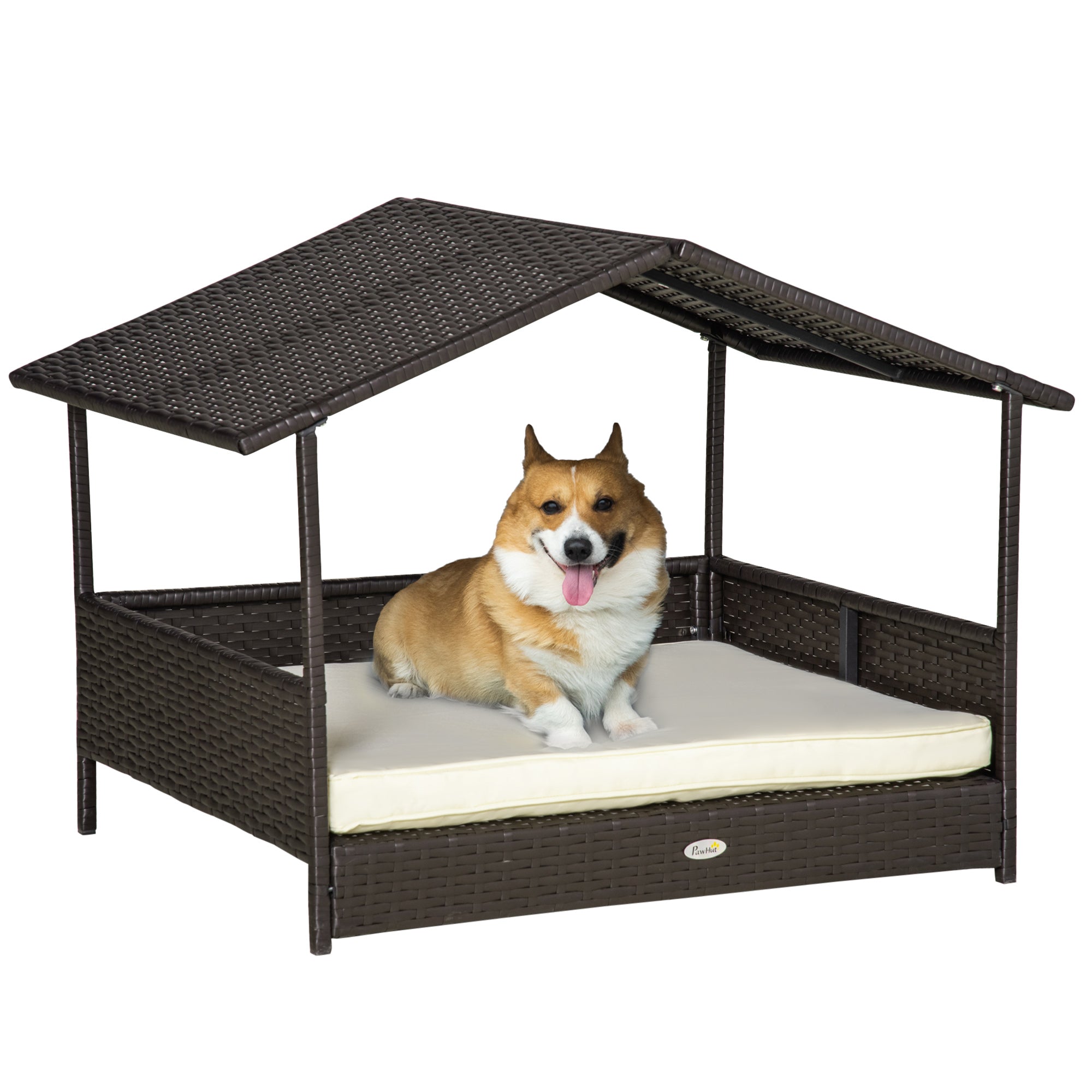 PawHut Wicker Dog House, Rattan Pet Bed, with Removable Cushion, Canopy, for Small and Medium Dogs - Cream - North Peak Garden Furniture
