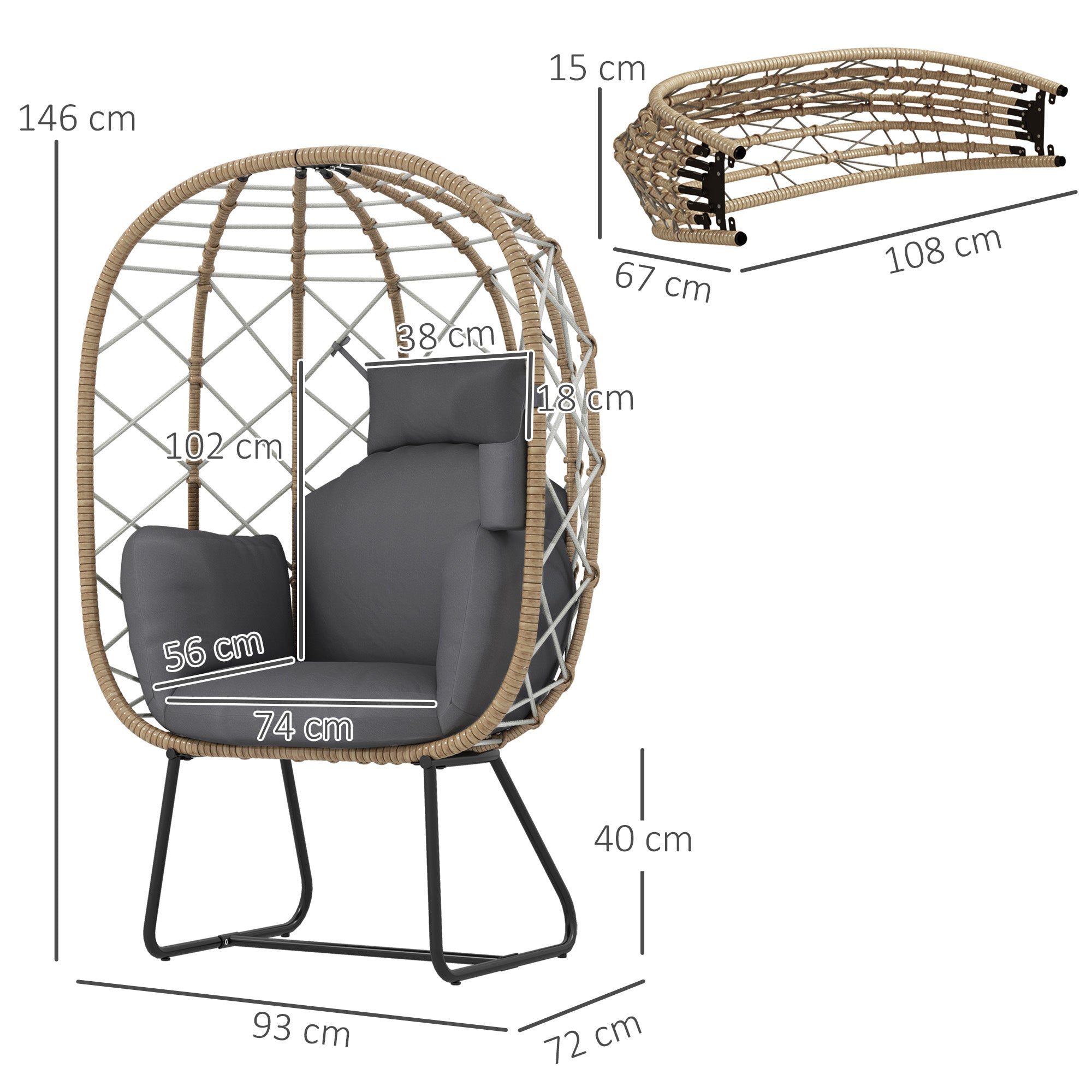 Outsunny Rattan Egg Chair Outdoor Indoor Wicker Chair with Thickened Cushion and Headrest, Standing Garden Egg Chair with Cup Holder, Metal Frame for Patio, Balcony, Brown - North Peak Garden Furniture