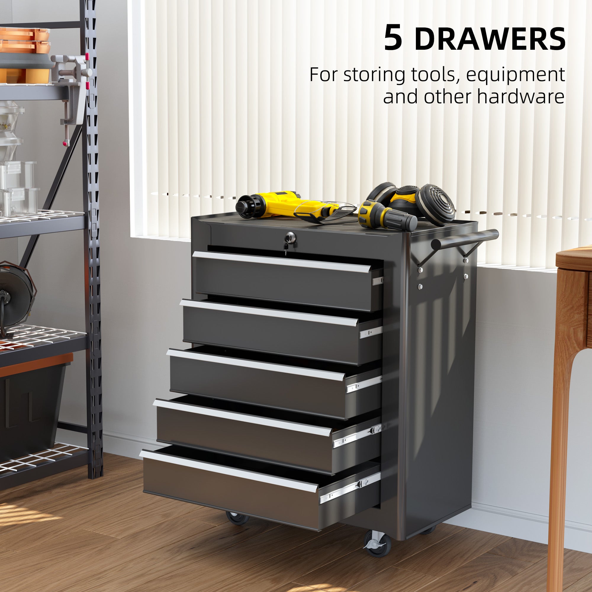 HOMCOM 5-Drawer Tool Chest with Wheels, Steel Lockable Tool Storage Cabinet with Handle, 2 Keys for Garage, Workshop, Black - North Peak Garden Furniture