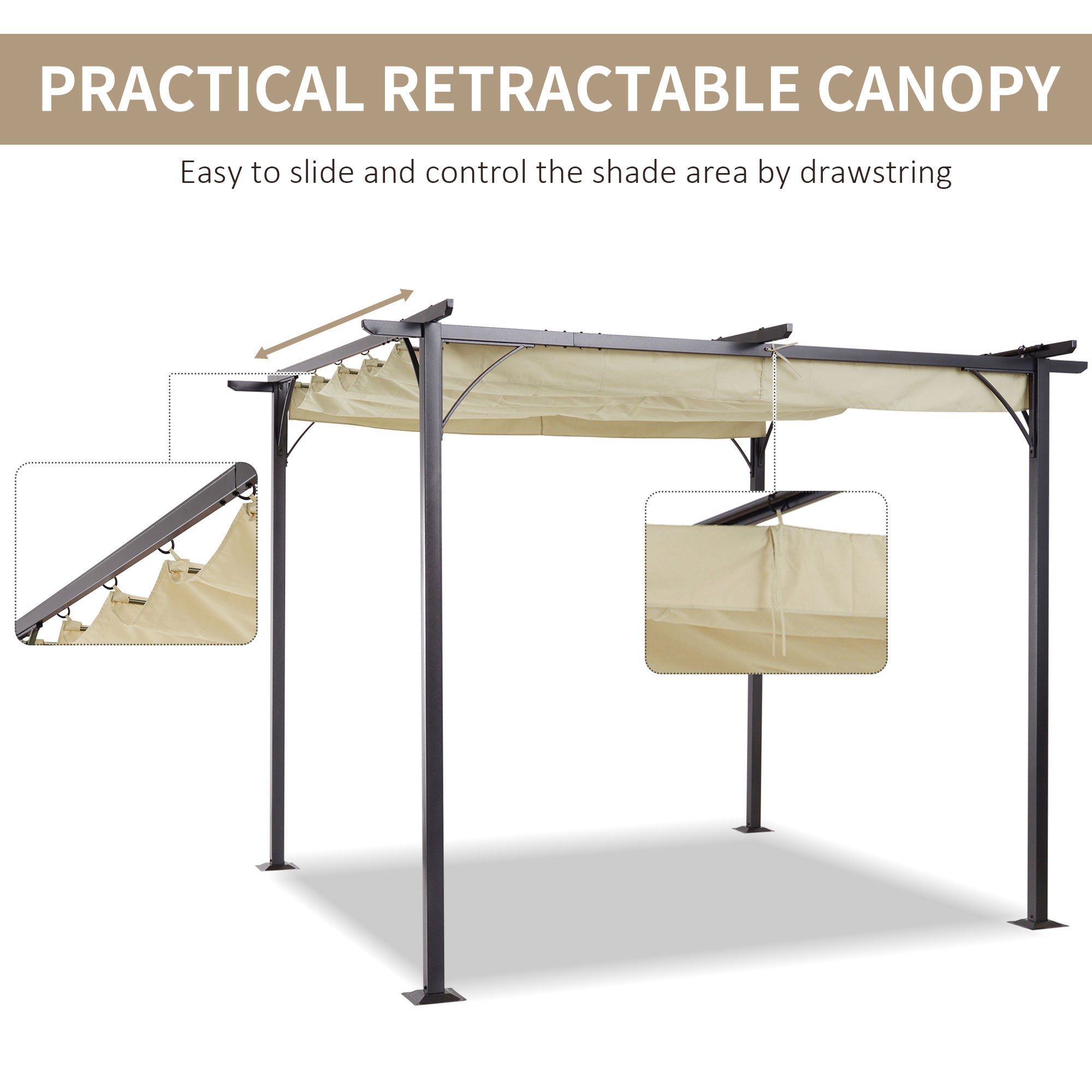 Outsunny 3 x 3(m) Metal Pergola with Retractable Roof, Garden Gazebo Metal Pergola Canopy. Outdoor Sun Shade Shelter for Party BBQ, Beige - North Peak Garden Furniture