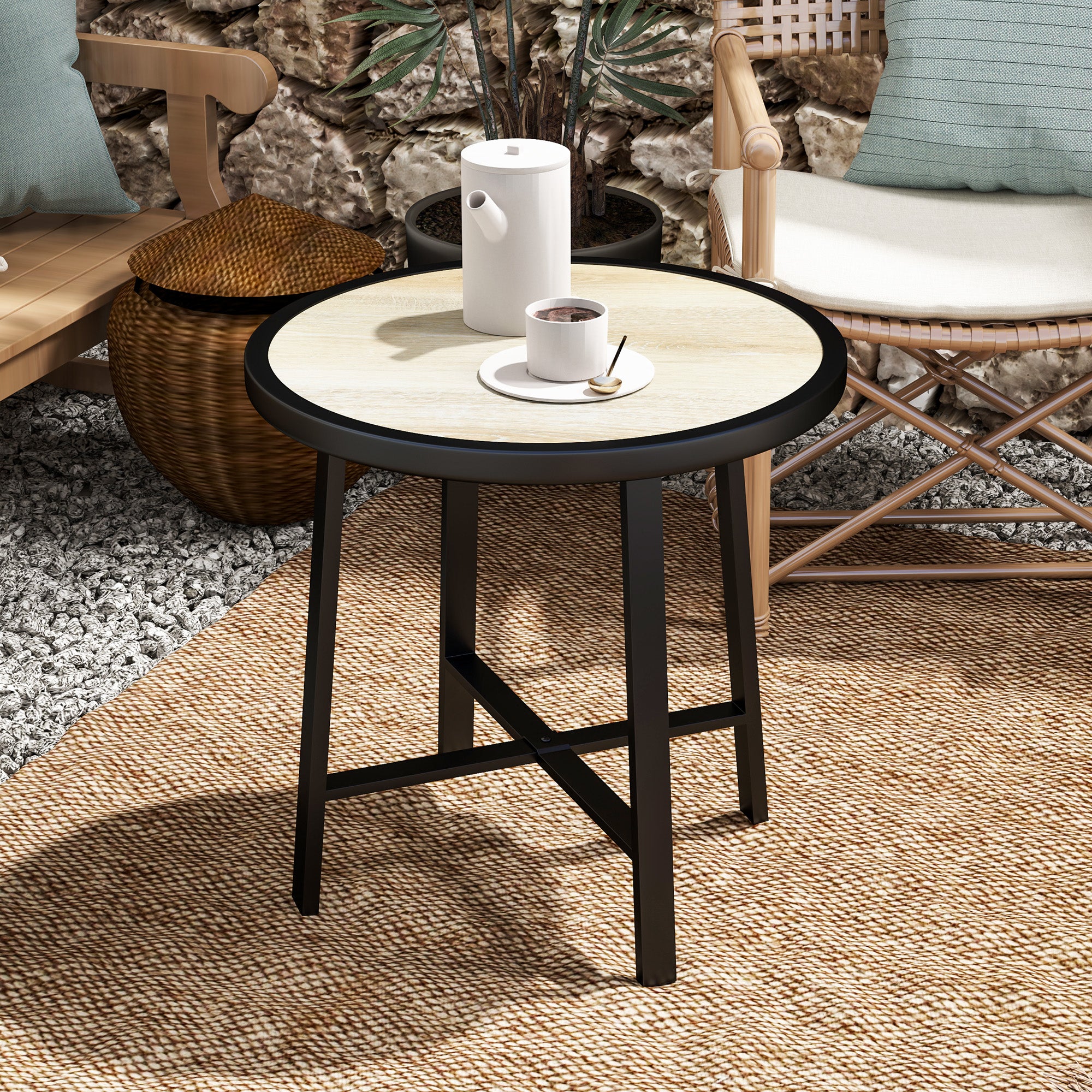 Outsunny Round Small Garden Table, 50.5cm Outdoor Side Table with SPC Tabletop, Metal Frame and Anti-slip Foot Pads for Garden, Balcony, Nature Wood Finish - North Peak Garden Furniture