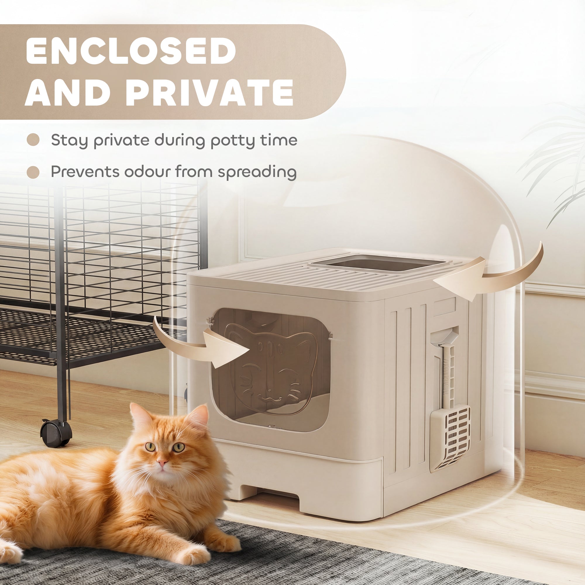 PawHut Foldable Cat Litter Box with Lid, Slide-Out Drawer, Scoop, Easy Clean, Odour Control, Anti-Splashing, Khaki