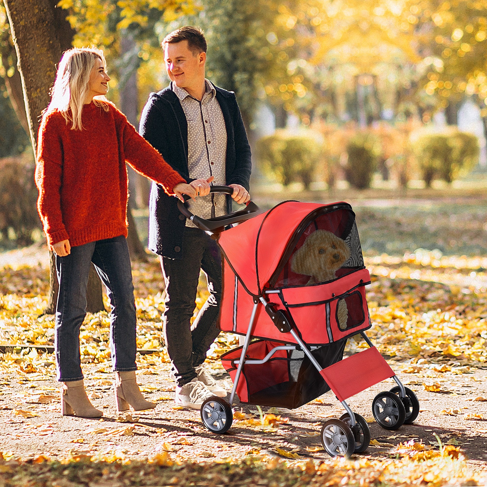 PawHut Pet Stroller for Small Miniature Dogs Cats Foldable Travel Carriage with Wheels Zipper Entry Cup Holder Storage Basket Red - North Peak Garden Furniture