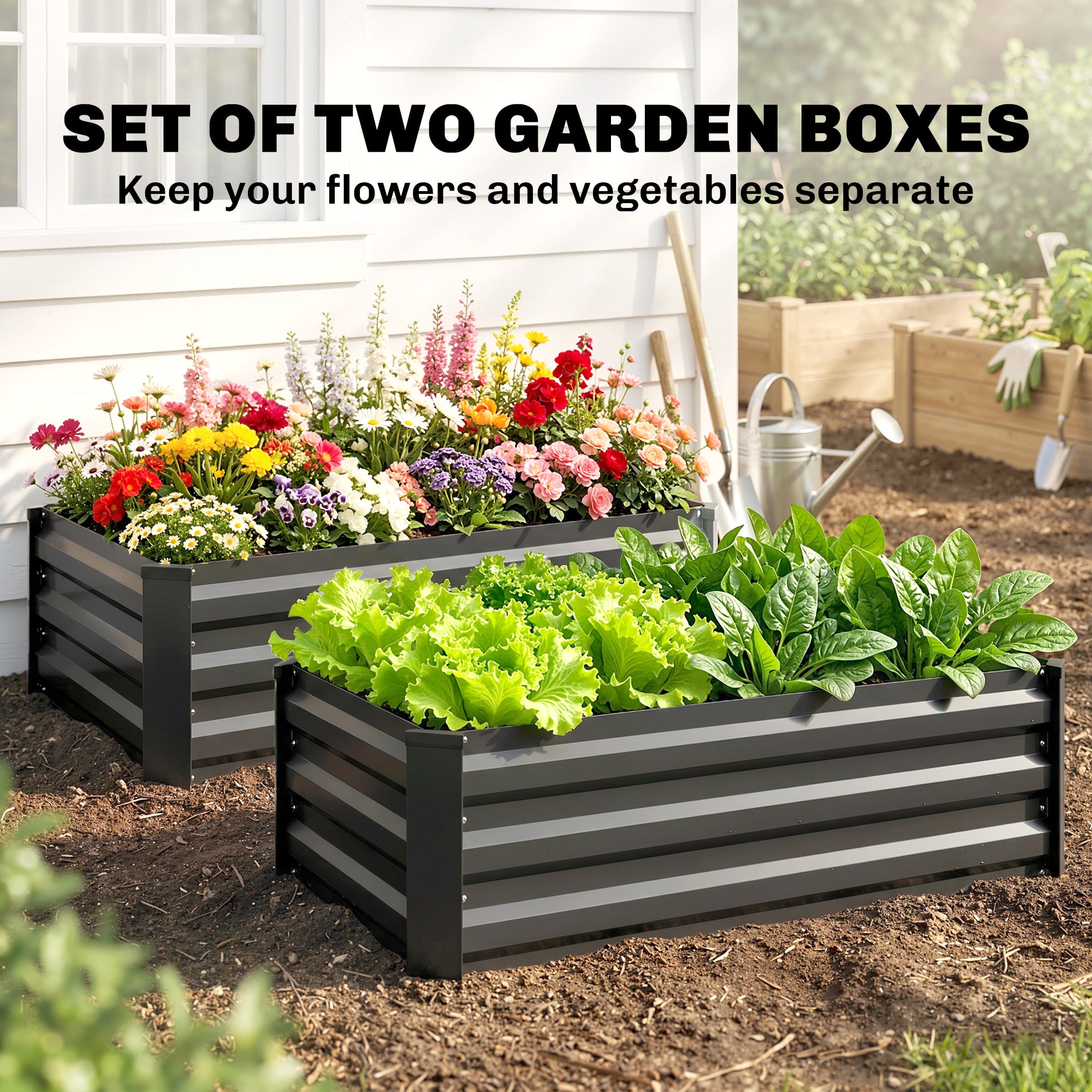 Outsunny Set of Two 100 x 60cm Steel Planter Boxes - Grey