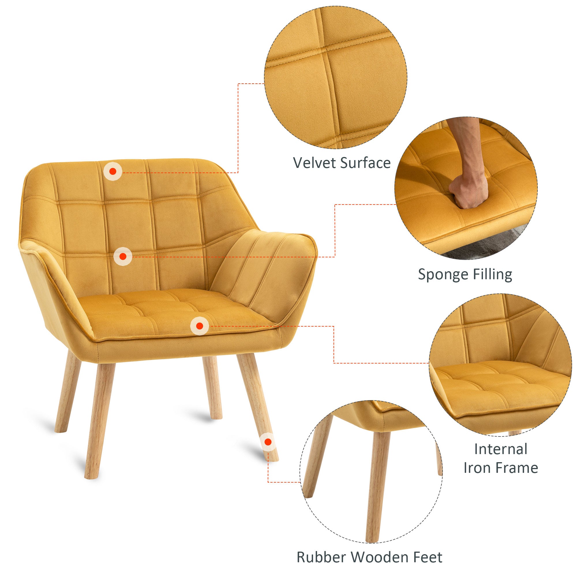 HOMCOM Modern Armchair, Accent Chair with Wide Arms, Slanted Back and Rubber Wood Legs for Living Room, Bedroom, Home Office Yellow