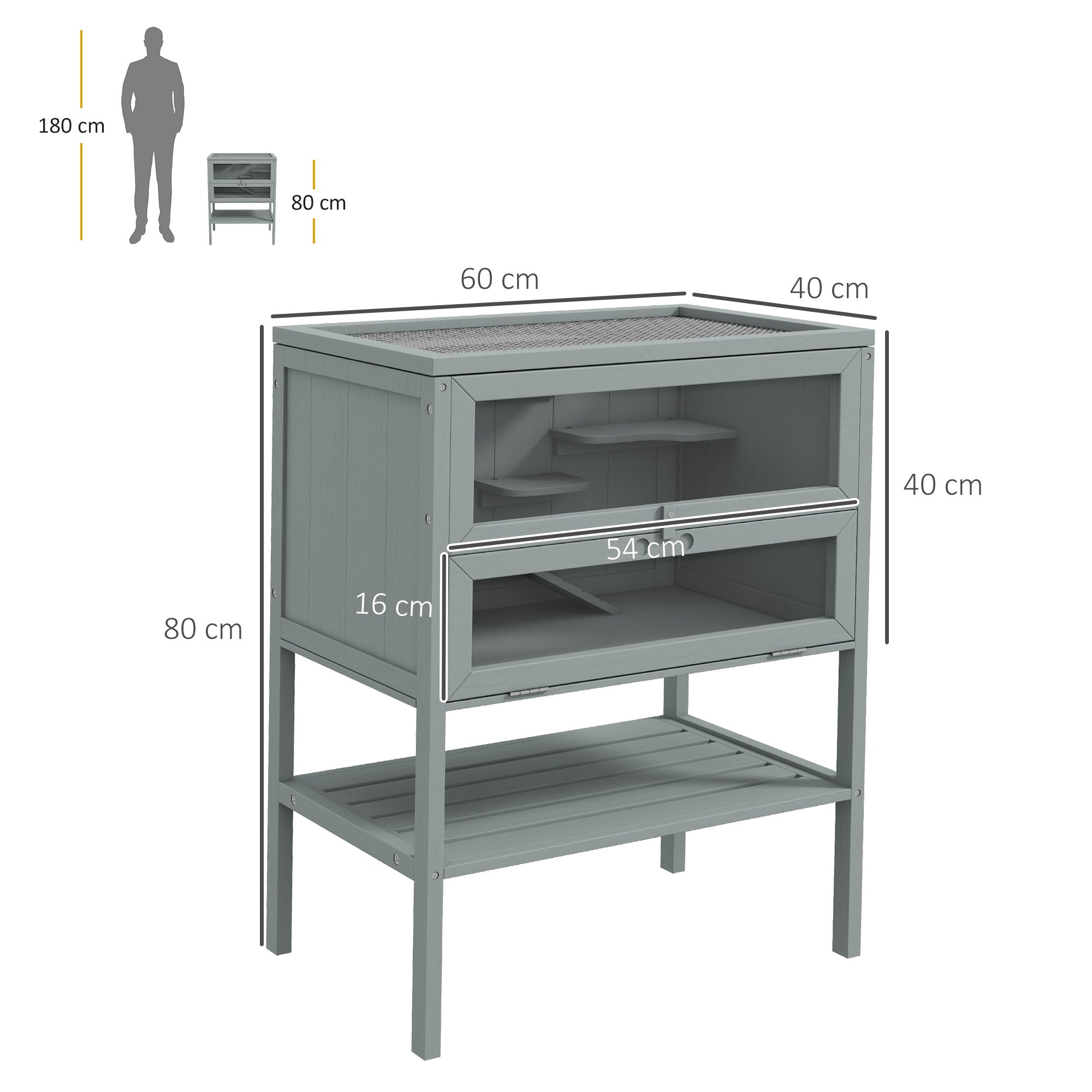 PawHut Wooden Hamster Cage 3 Tier House w/ Storage Shelf, Openable Top for Gerbils, Grey