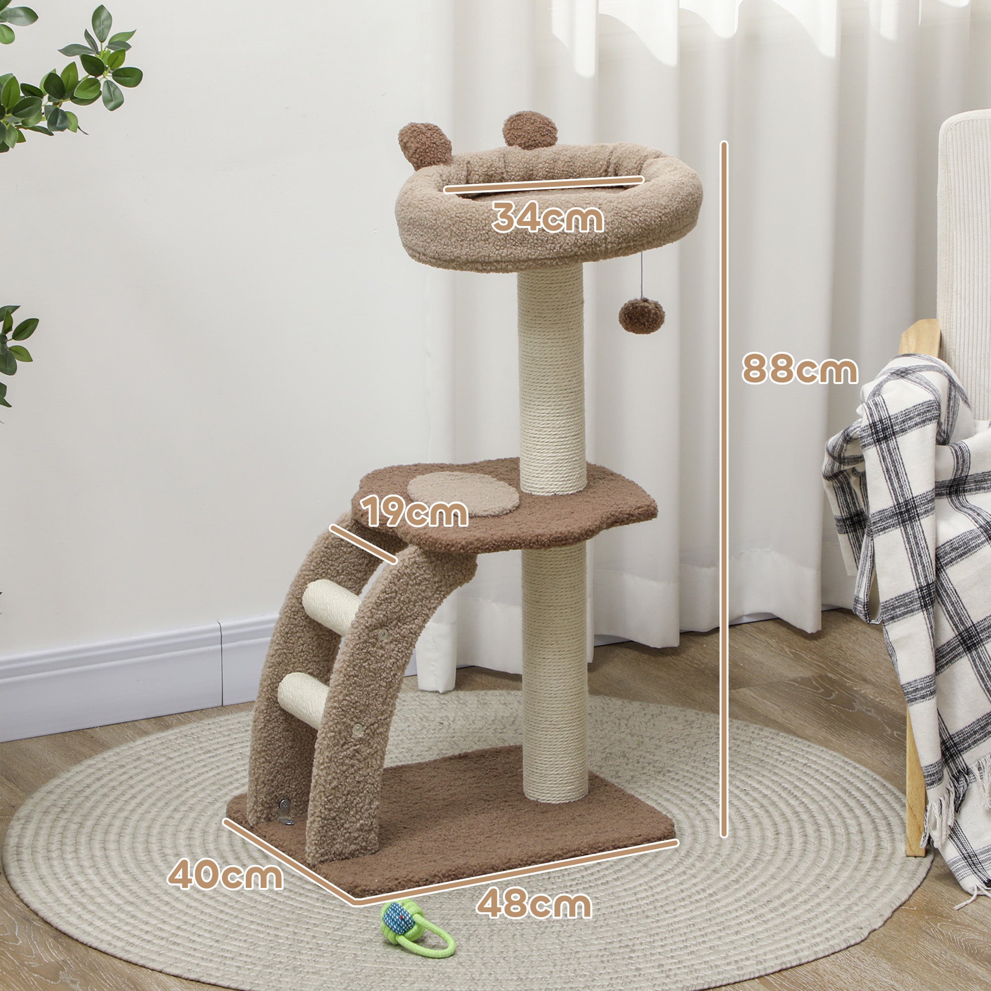 PawHut Cat Tee for Indoor Cats, 88cm Cat Tower with Sisal Scratching Post, Hanging Ball, Large Cat Perch, Stairs, Brown - North Peak Garden Furniture
