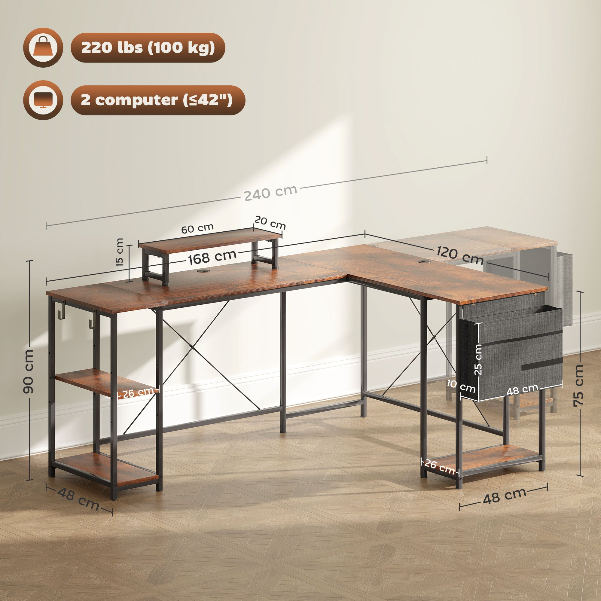 HOMCOM 168cm Reversible L Shaped Desk, Industrial Corner Computer Desk with Adjustable Shelf and Storage Bag, 240cm 2 Person Desk with Monitor Stand, Rustic Brown - North Peak Garden Furniture