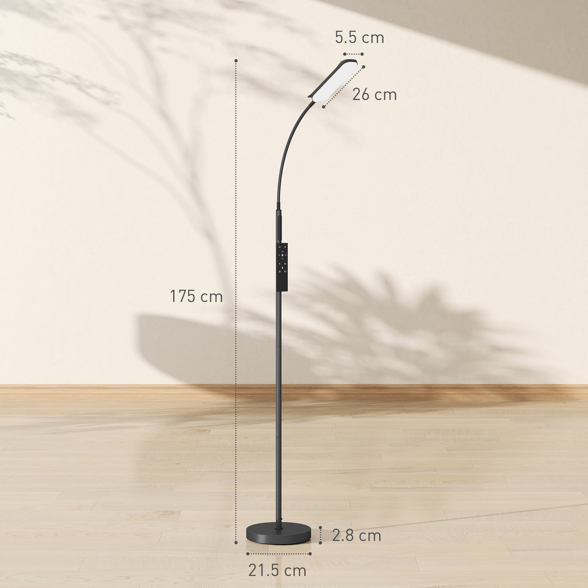 HOMCOM LED Floor Lamp, Standing Lamp with Remote & Touch Control, Stepless Dimmable Colours Temperature & Brightness, 360° Adjustable Gooseneck, 1 Hour Timer, Memory Function for Living Room, Black - North Peak Garden Furniture