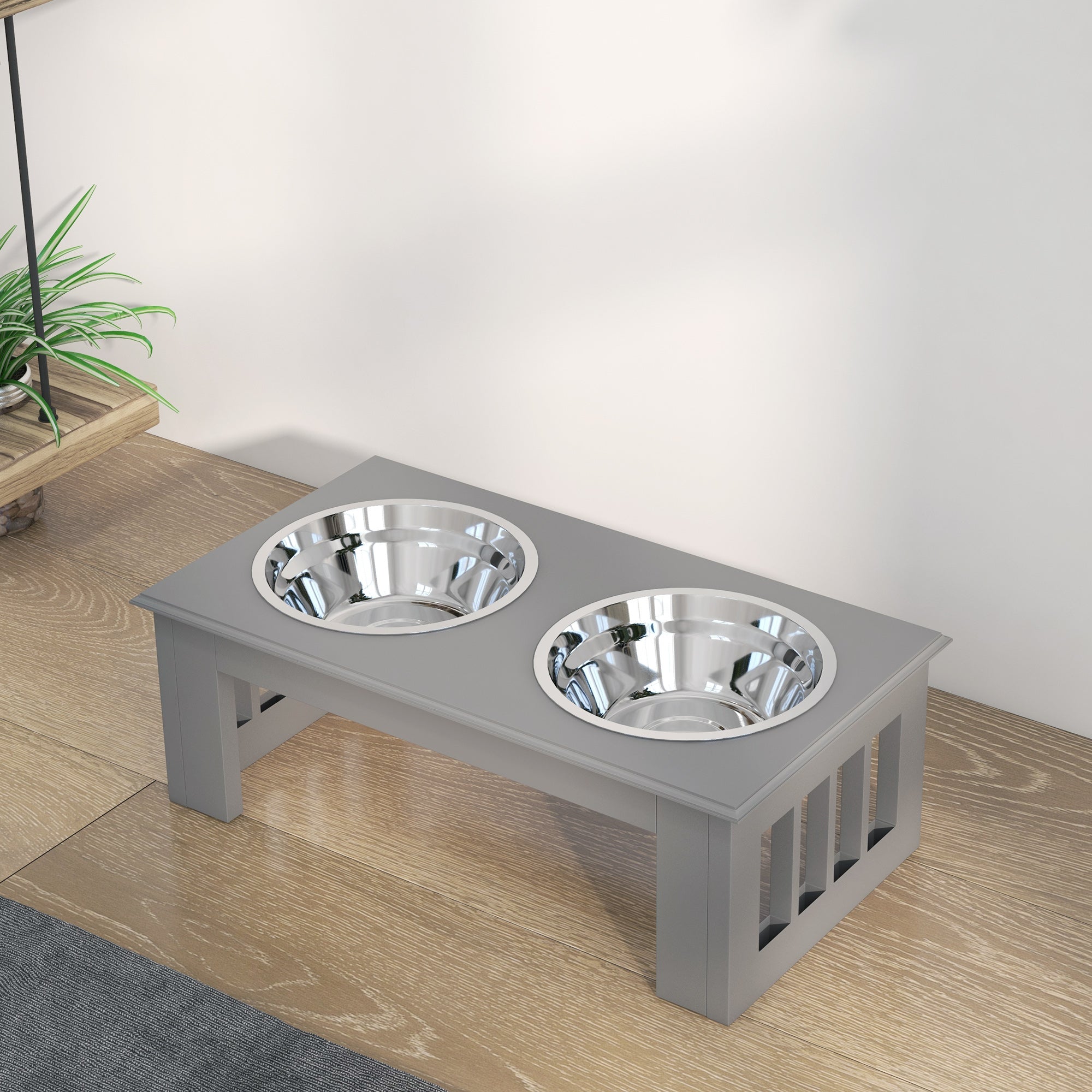 PawHut Raised Dog Feeding Bowls with Stand, Stainless Steel for Extra Small and Small Dog, 44L x 24W x 15H cm - Grey - North Peak Garden Furniture