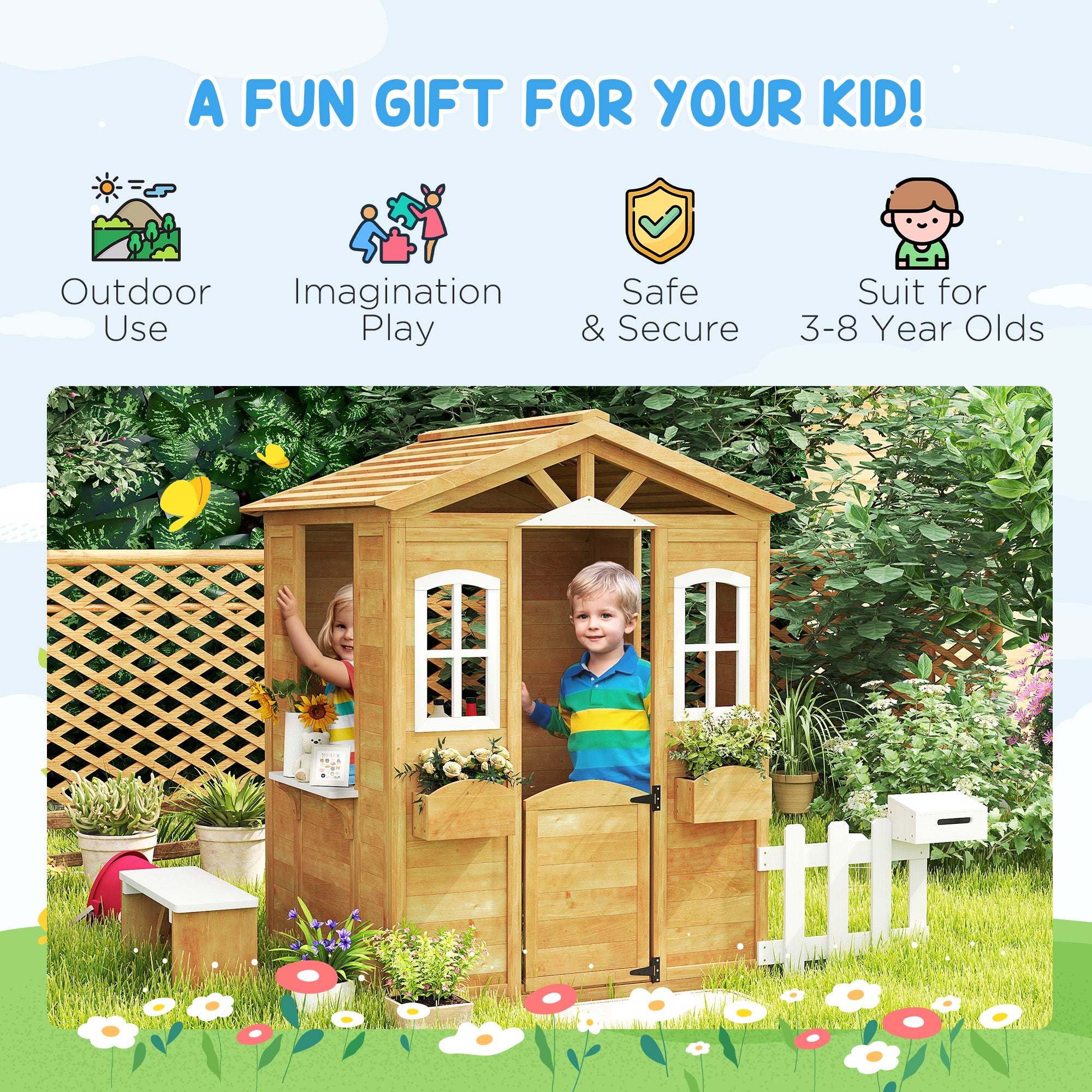 Outsunny Wooden Playhouse for Kids with Door, Windows, Mailbox, Flower Pot Holder, Serving Station, Bench for Children, Yellow - North Peak Garden Furniture