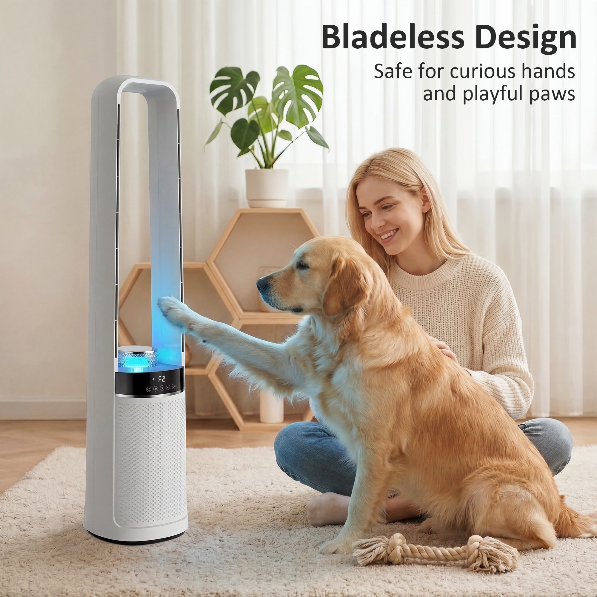 HOMCOM Bladeless Tower Fan, 36dB Standing Cooling Fan with 45° Oscillating, LED Lights, 3 Speeds, 12H Timer, Remote Control
