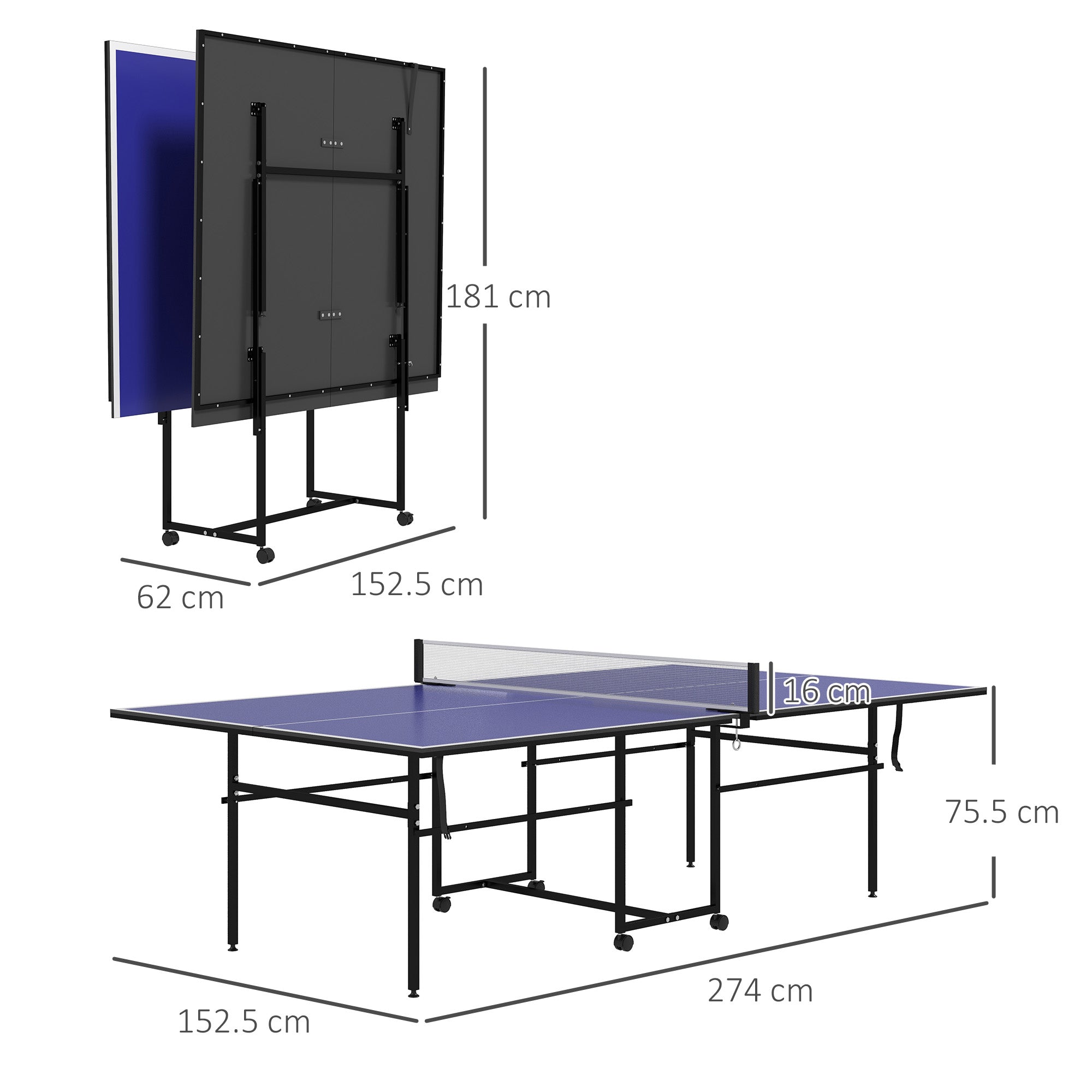 SPORTNOW 9FT Folding Table Tennis Table with 4 Wheels, for Indoor Use, Blue - North Peak Garden Furniture