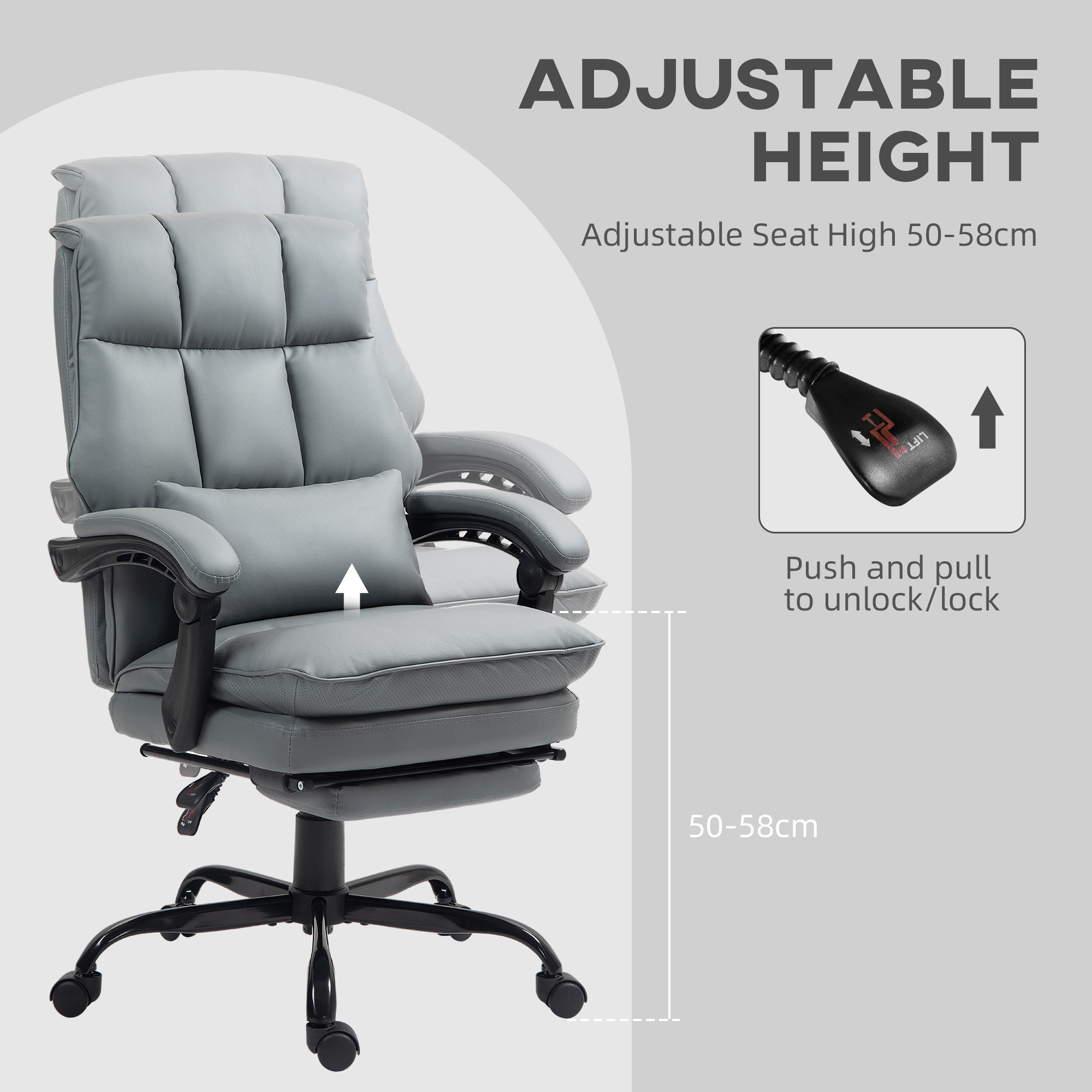HOMCOM Faux Leather Reclining Office Chair, with Footrest - Grey - North Peak Garden Furniture