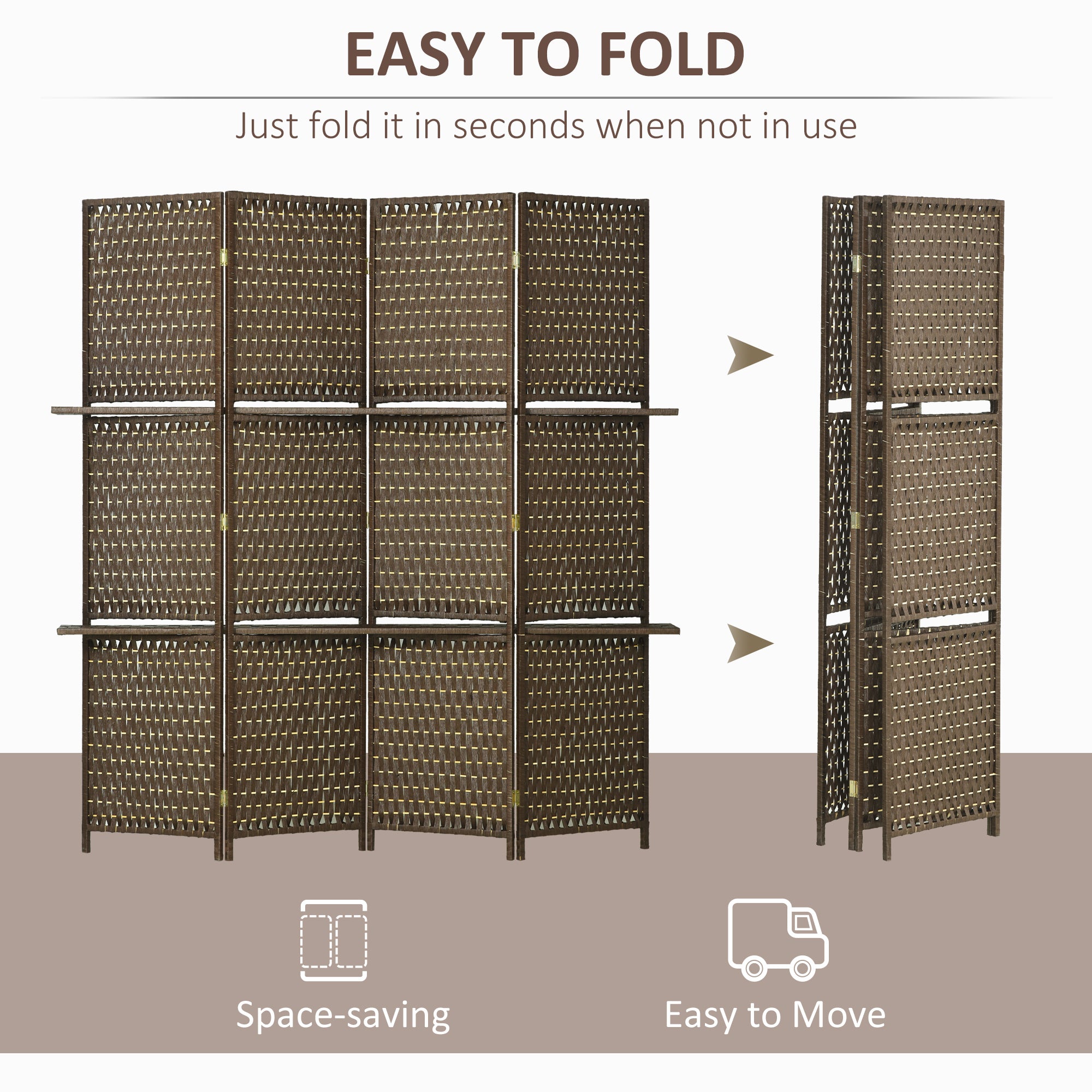 HOMCOM 4-Panel Room Dividers with Shelves, Wave Fibre Freestanding Folding Privacy Screen Panels, Partition Wall Divider for Indoor Bedroom Office, 180 cm, Brown - North Peak Garden Furniture