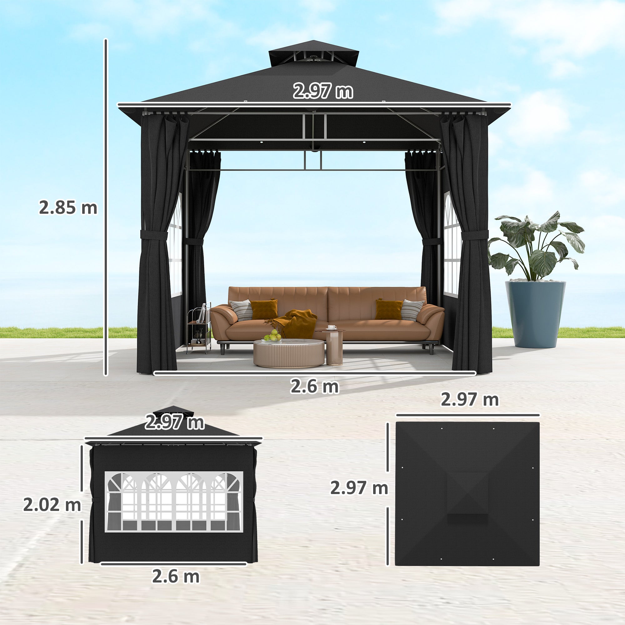 Outsunny 3 x 3 m Garden Gazebo, Double Roof Metal Gazebo with Removable Sidewalls and Church Windows, Outdoor Canopy Shelter, Black - North Peak Garden Furniture