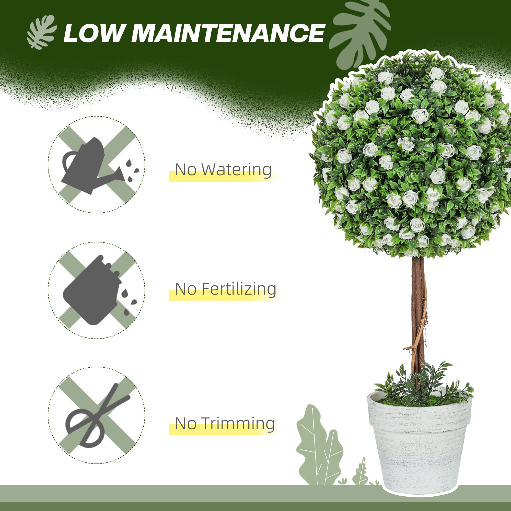 HOMCOM Set of 2 Decorative Artificial Plants, Ball Topiary Tree with Rose Flower in Pot, Fake Plants for Home Indoor Outdoor Decor, 60cm, White - North Peak Garden Furniture