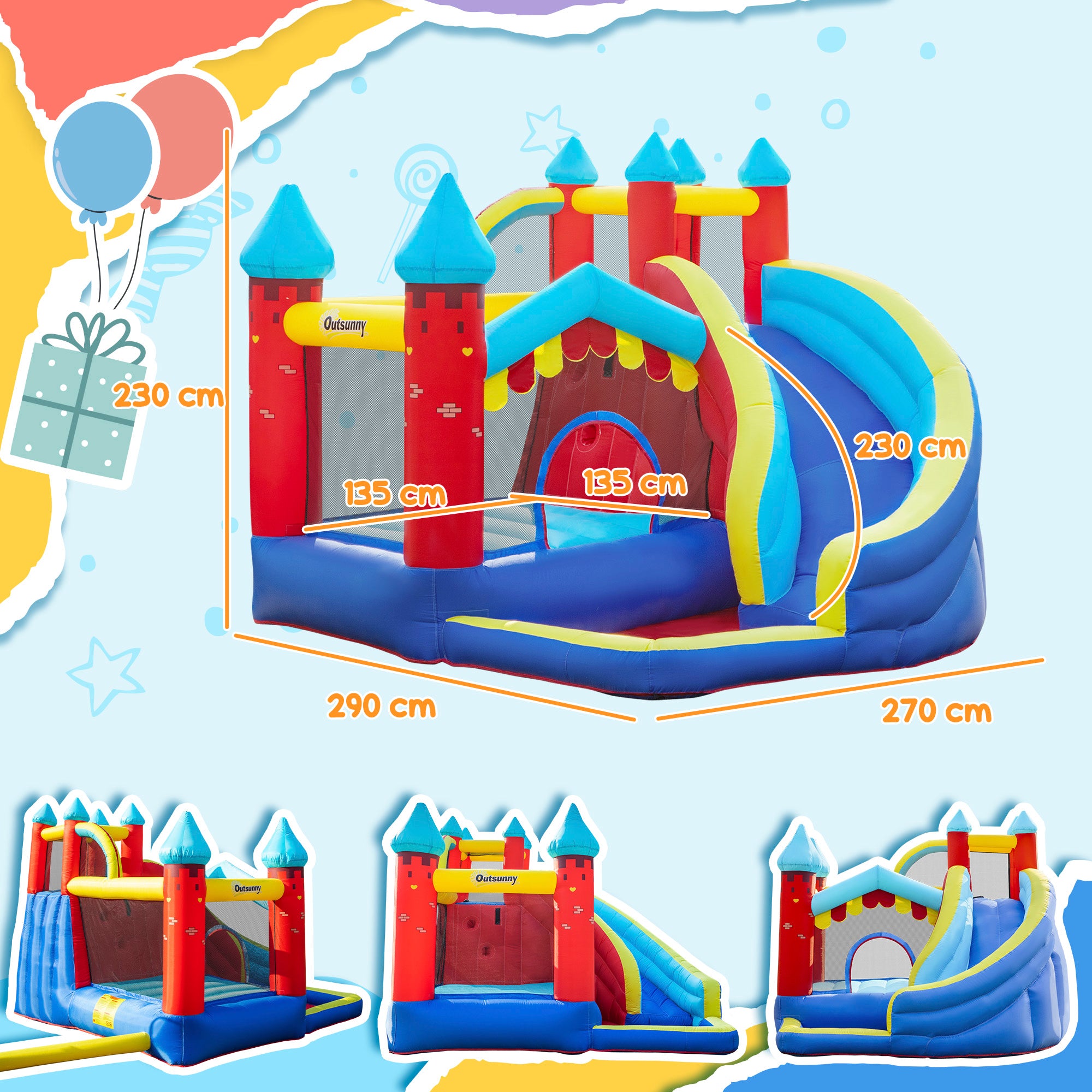 Outsunny Kids Bouncy Castle, with Slide, Pool, Trampoline, Climbing Wall, Blower