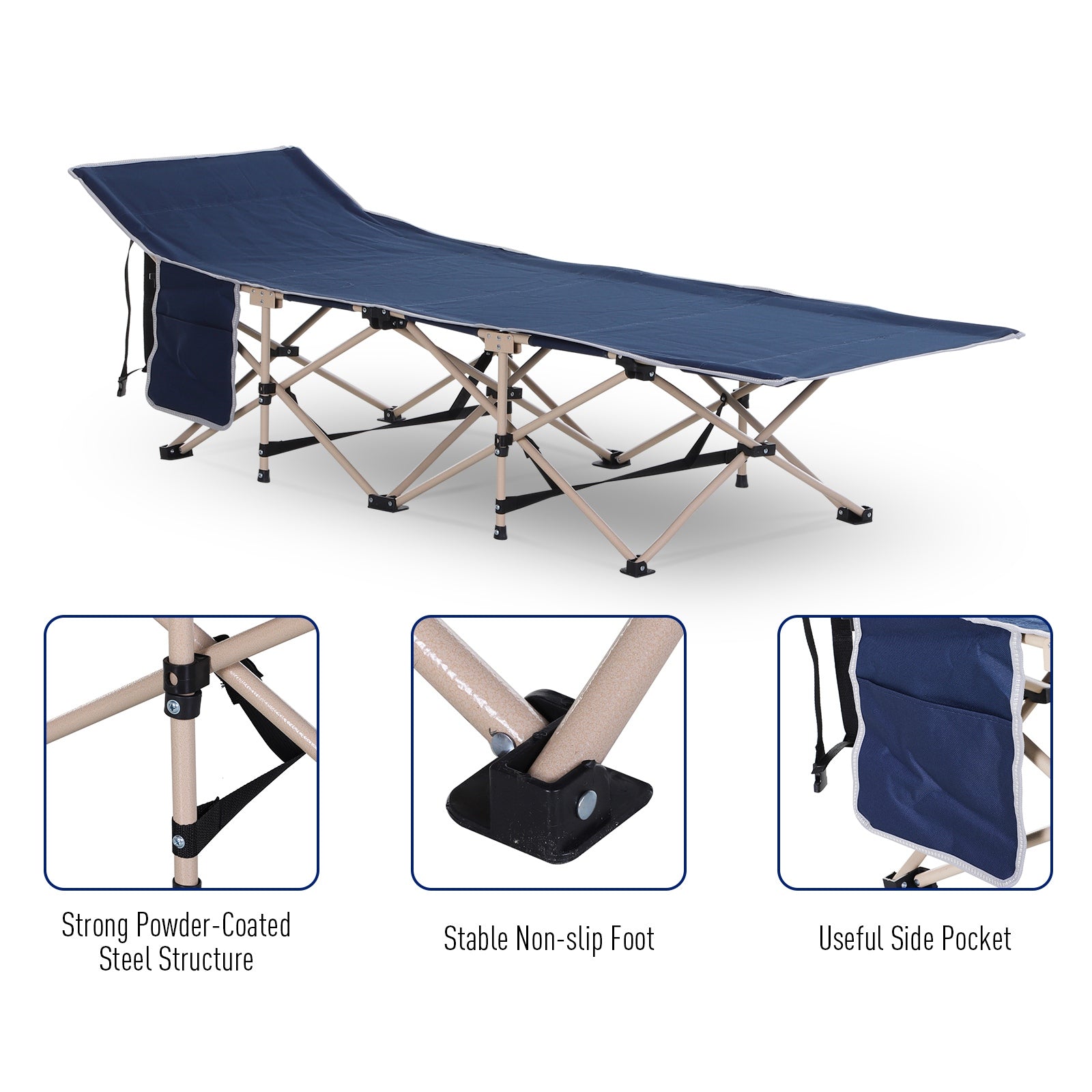 Outsunny Single Person Camping Bed Folding Cot Outdoor Patio Portable Military Sleeping Bed Travel Guest Leisure Fishing with Side Pocket and Carry Bag - Blue - North Peak Garden Furniture