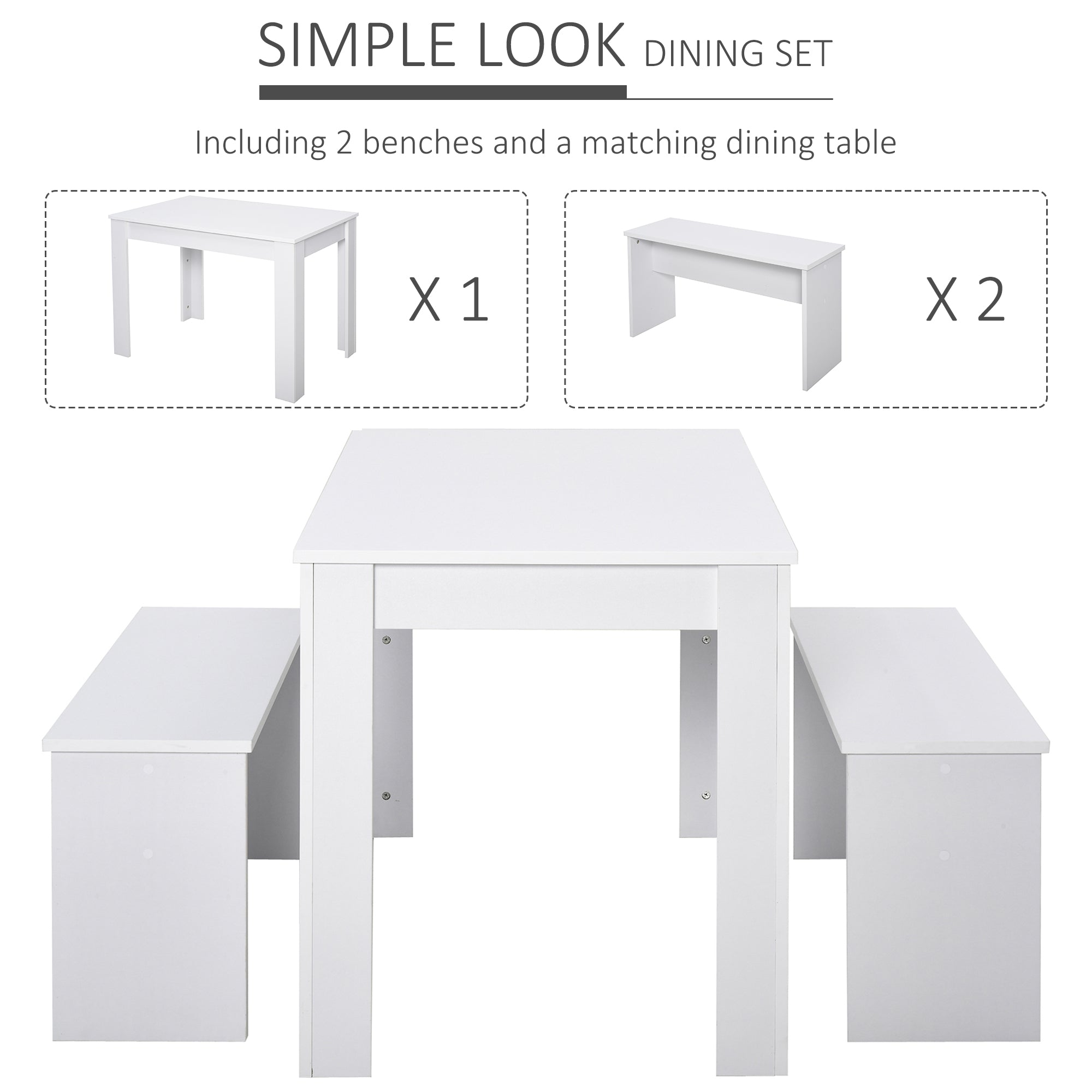 HOMCOM Kitchen Dining Table and 2 Benches Set, Table and Chairs Set for Limited Space, White