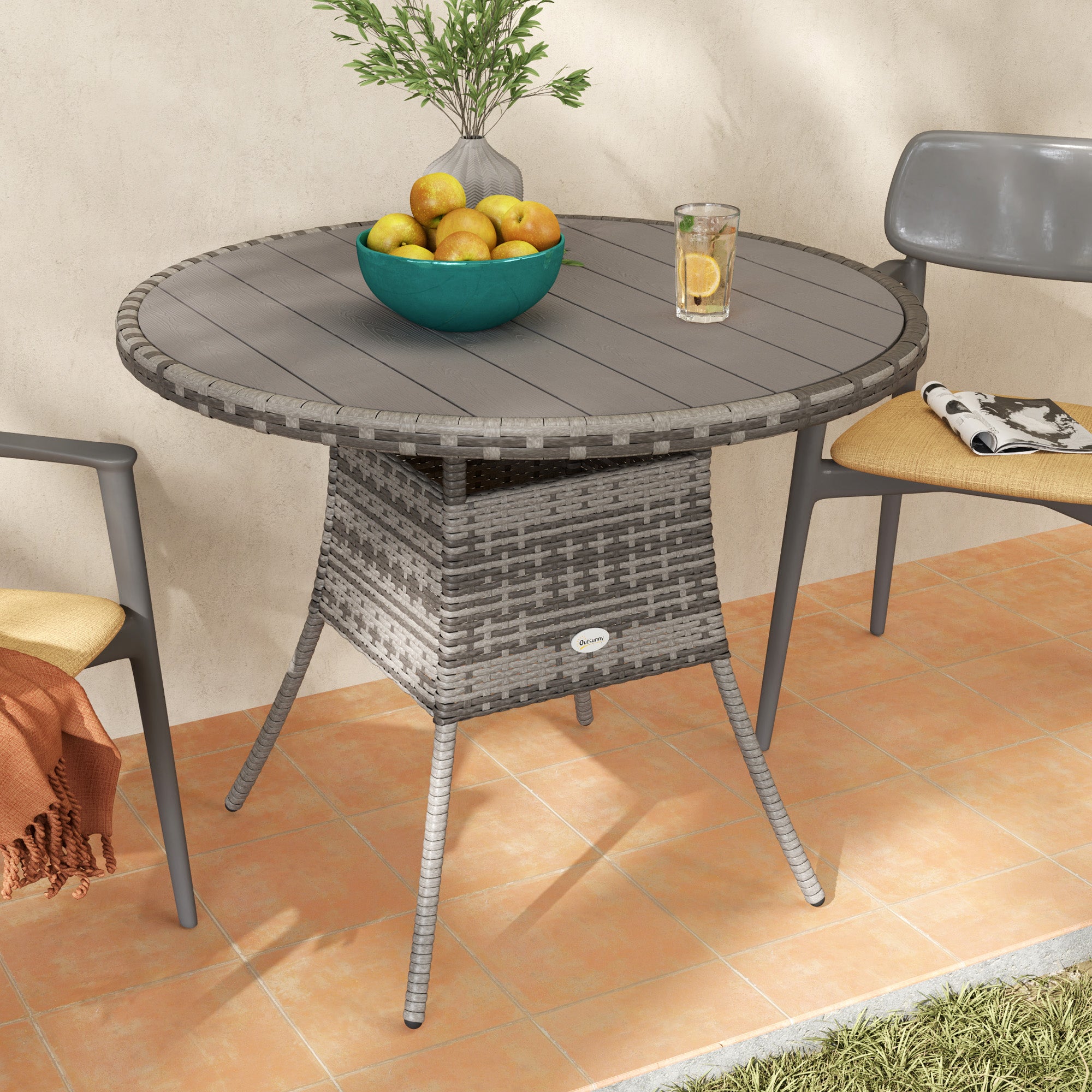 Outsunny 90cm Four-Person Wood-Effect Rattan Table - Grey