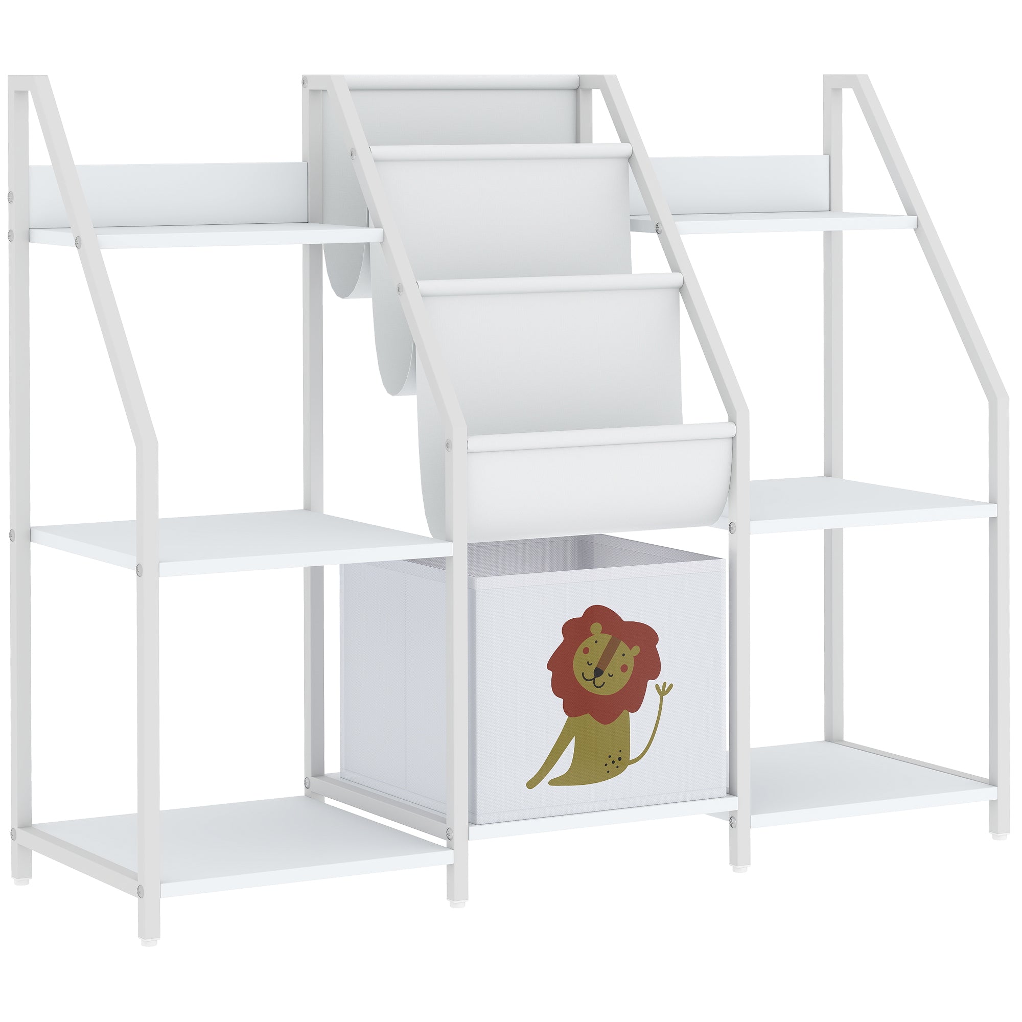 AIYAPLAY Kids Bookshelf and Toy Storage with 3-Tier Sling Book Rack and Fabric Drawer for Nursery, Bedroom, Playroom, White